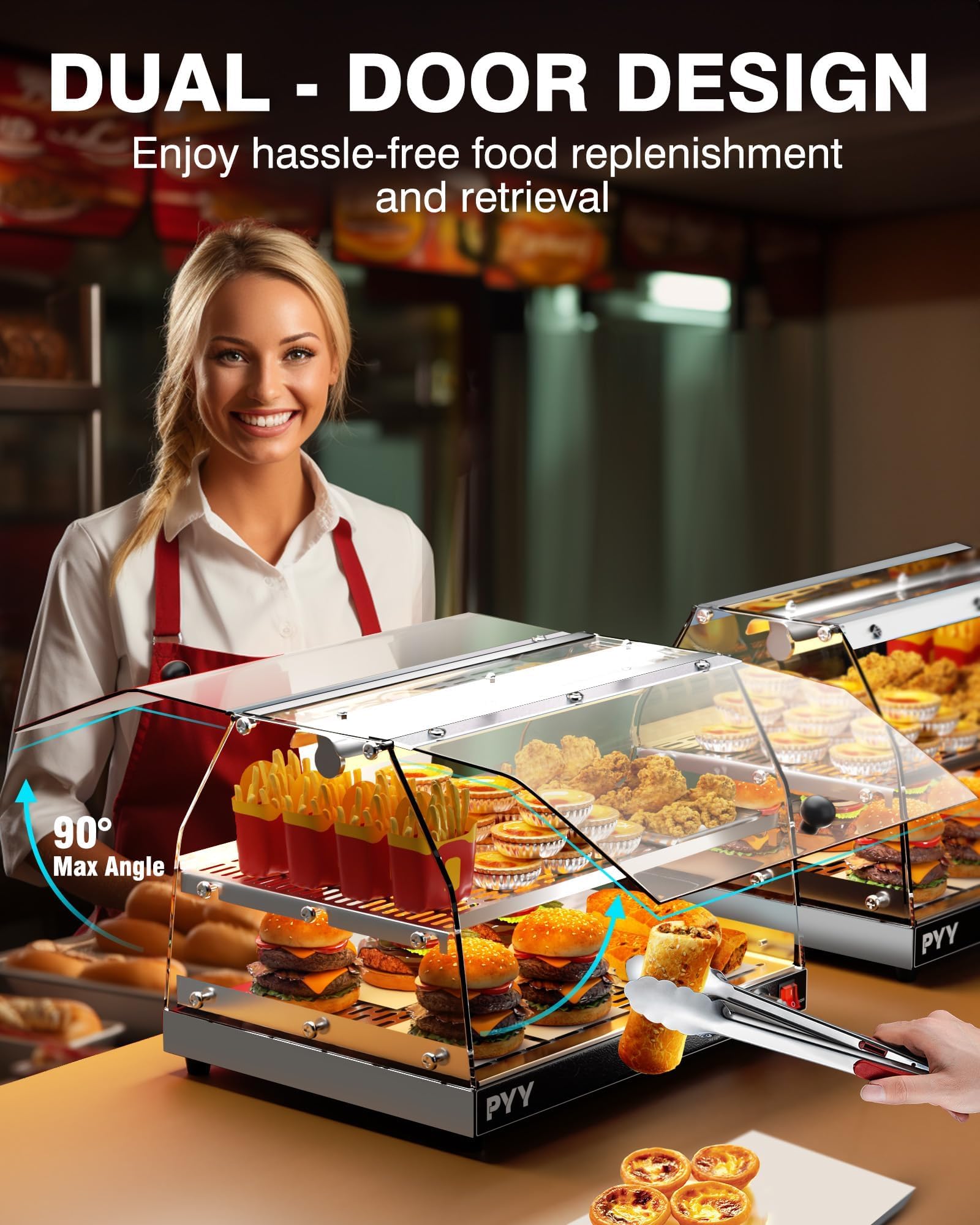 Commercial 2-Tier Pizza Warmer with LED Lighting - Countertop Food Display Warmer for Pastries, Pretzels & Snacks - Perfect for Bakeries, Cafes & Convenience Stores