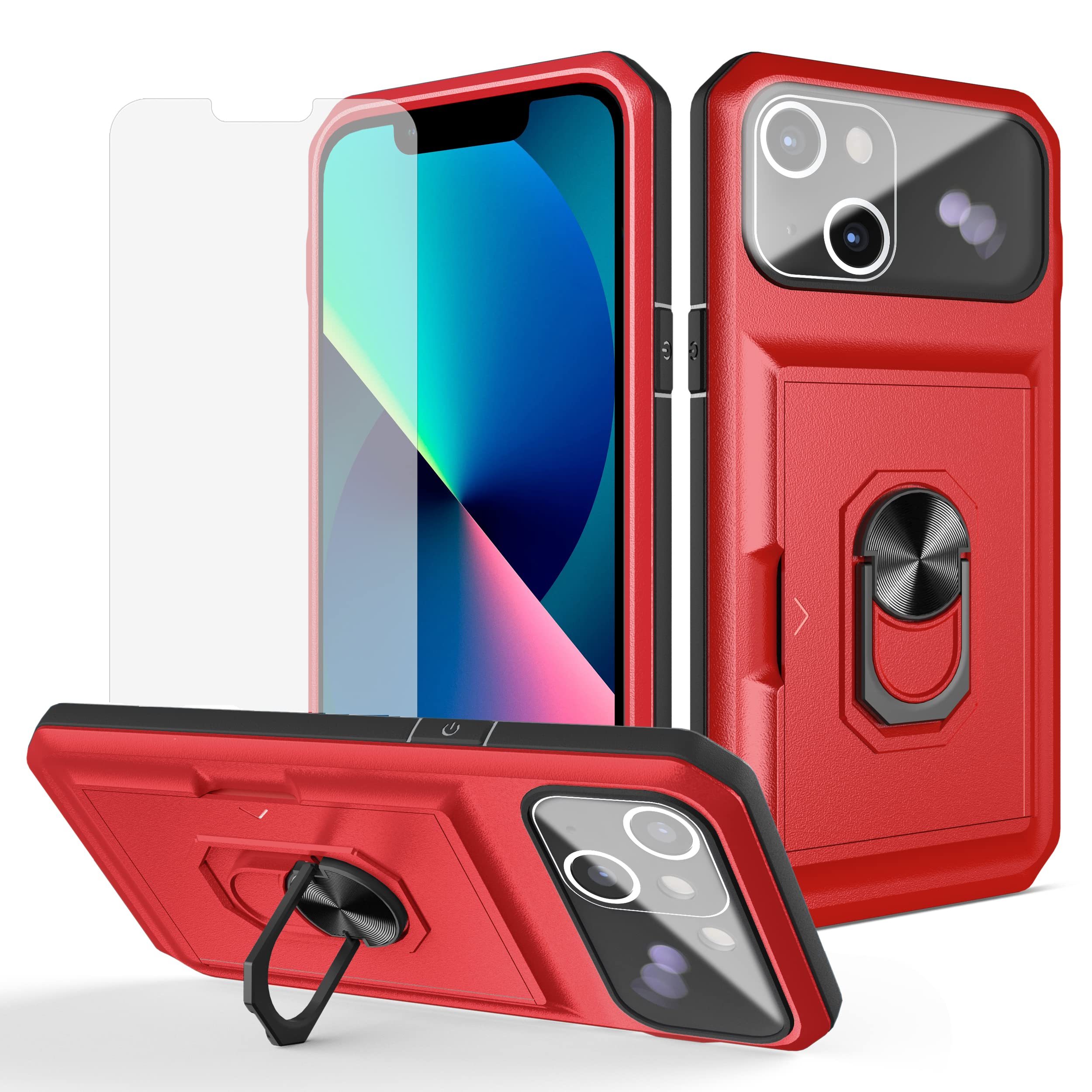 ASUWISH iPhone 13 Case 6.1 Inch with Tempered Glass Screen Protector - Slim Credit Card Holder & Kickstand - Shockproof Protective Cover for iPhone 13 5G (Red) - Perfect for Work, Travel and Everyday Use