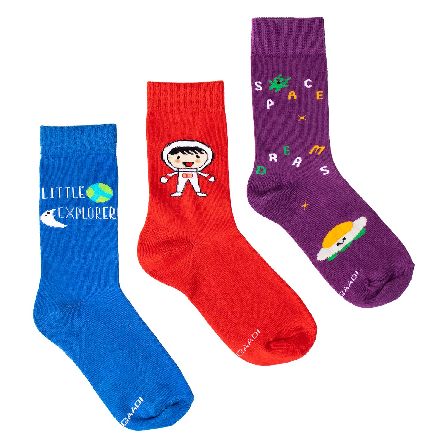THELA GAADI Space Explorer Socks for Kids - 3 Pack Cotton Crew Socks | Fun Galaxy Print Unisex Socks for Boys & Girls | Breathable, Odor-Free | Perfect for School, Play & Everyday Wear
