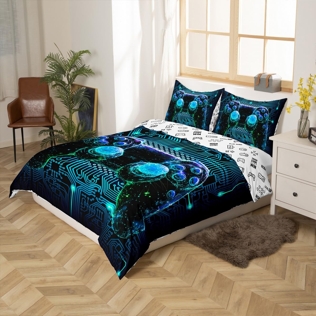 Blue Video Game Controller Twin Size Duvet Cover Set - Lightweight Soft Gaming Bedding for Kids & Boys - Gamepad Console Pattern Comforter Cover with Pillowcase - Perfect for Gamer Bedroom Decor & Teen Game Room Theme