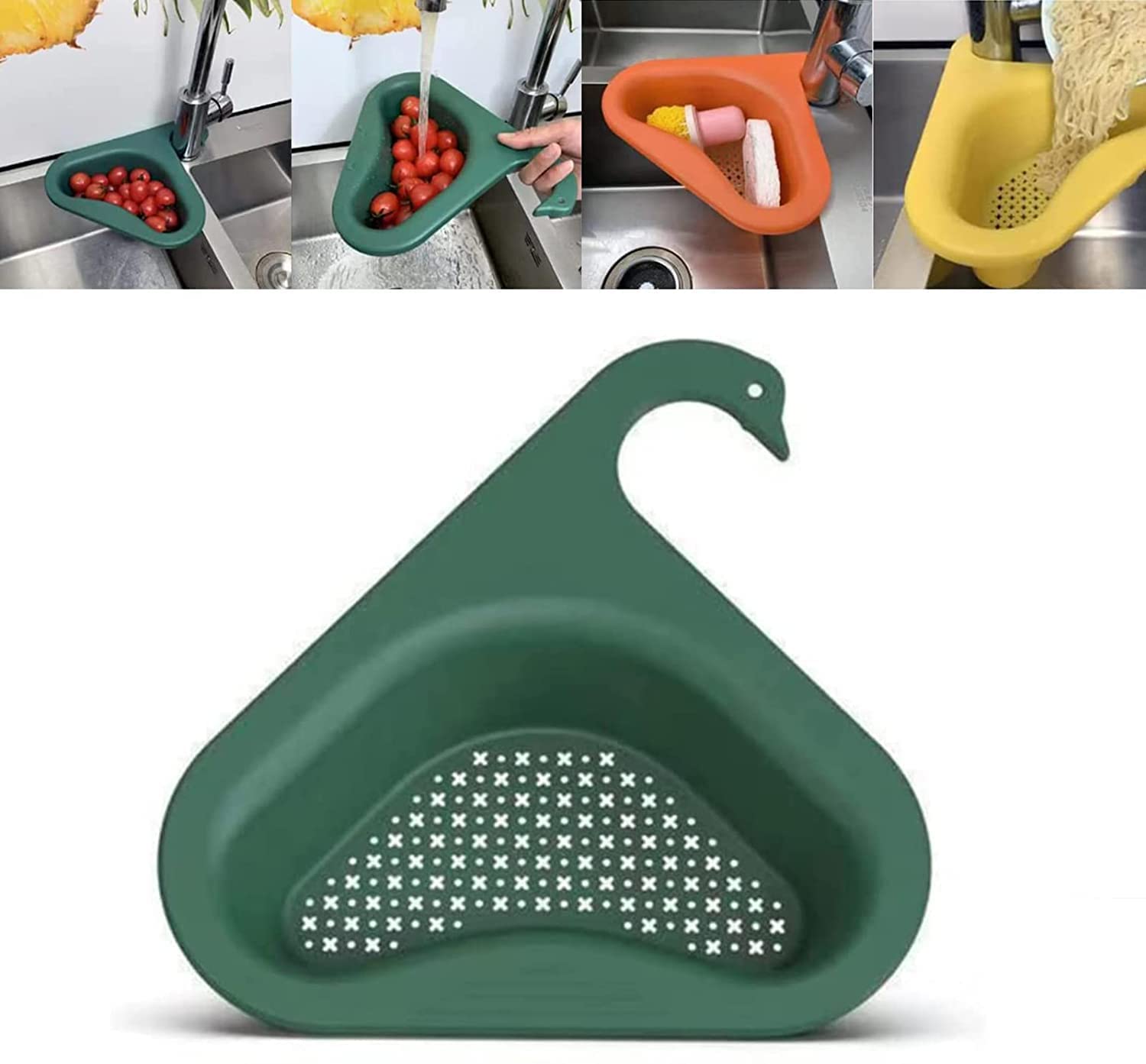 Premium Swan Drain Basket for Kitchen Sink - Triangle Corner Sink Strainer with Filter - Multifunctional Green Sink Organizer for Fruits, Vegetables & Dishwashing - Perfect for Small Spaces & Corner Sinks