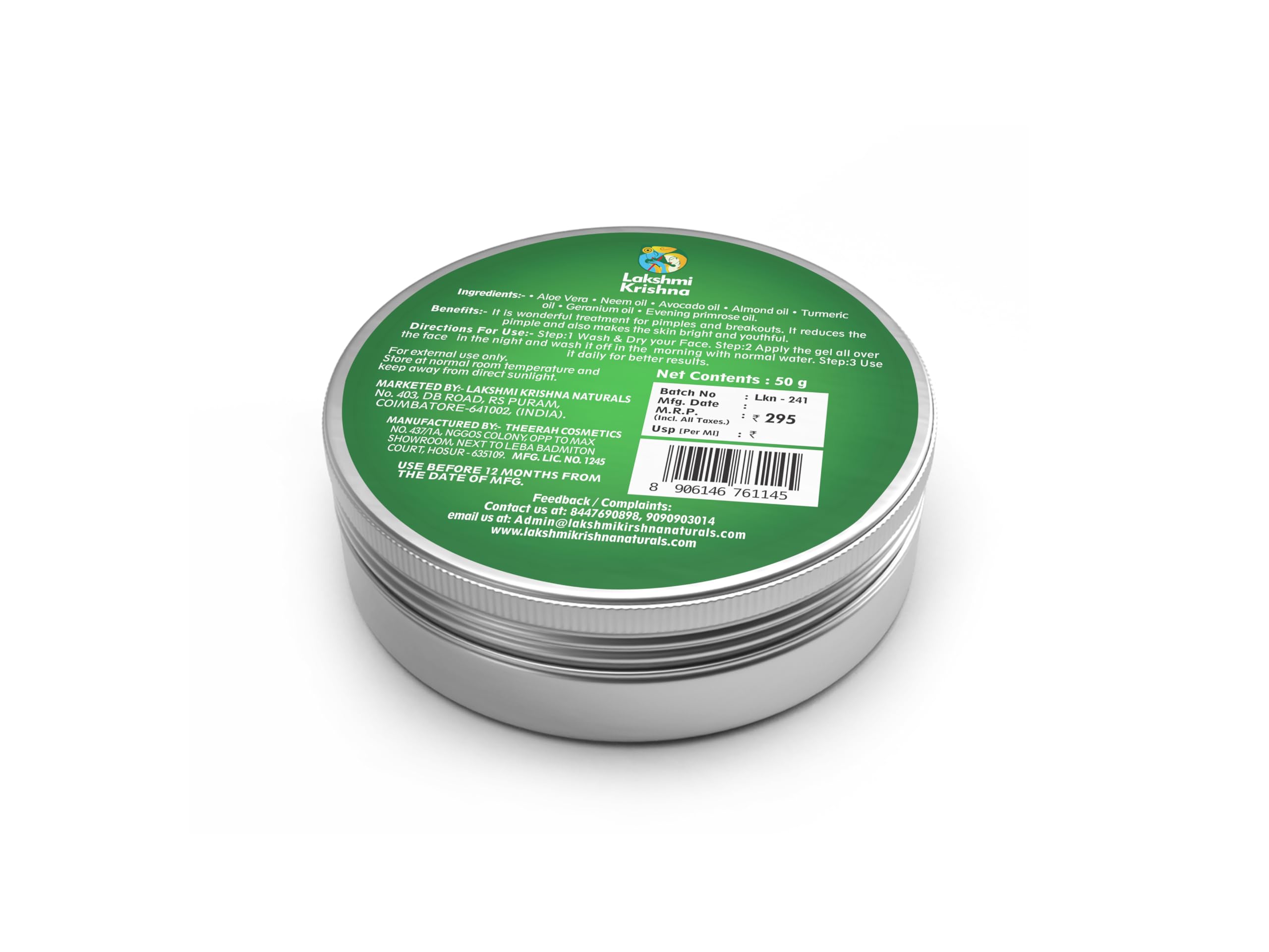 Lakshmi Krishna Natural Pimple Face Gel with Neem & Turmeric - 50g Acne Treatment for Clear Skin | Herbal Anti-Acne Solution for Teens & Adults | Perfect for Daily Skincare Routine & Oily Skin Care