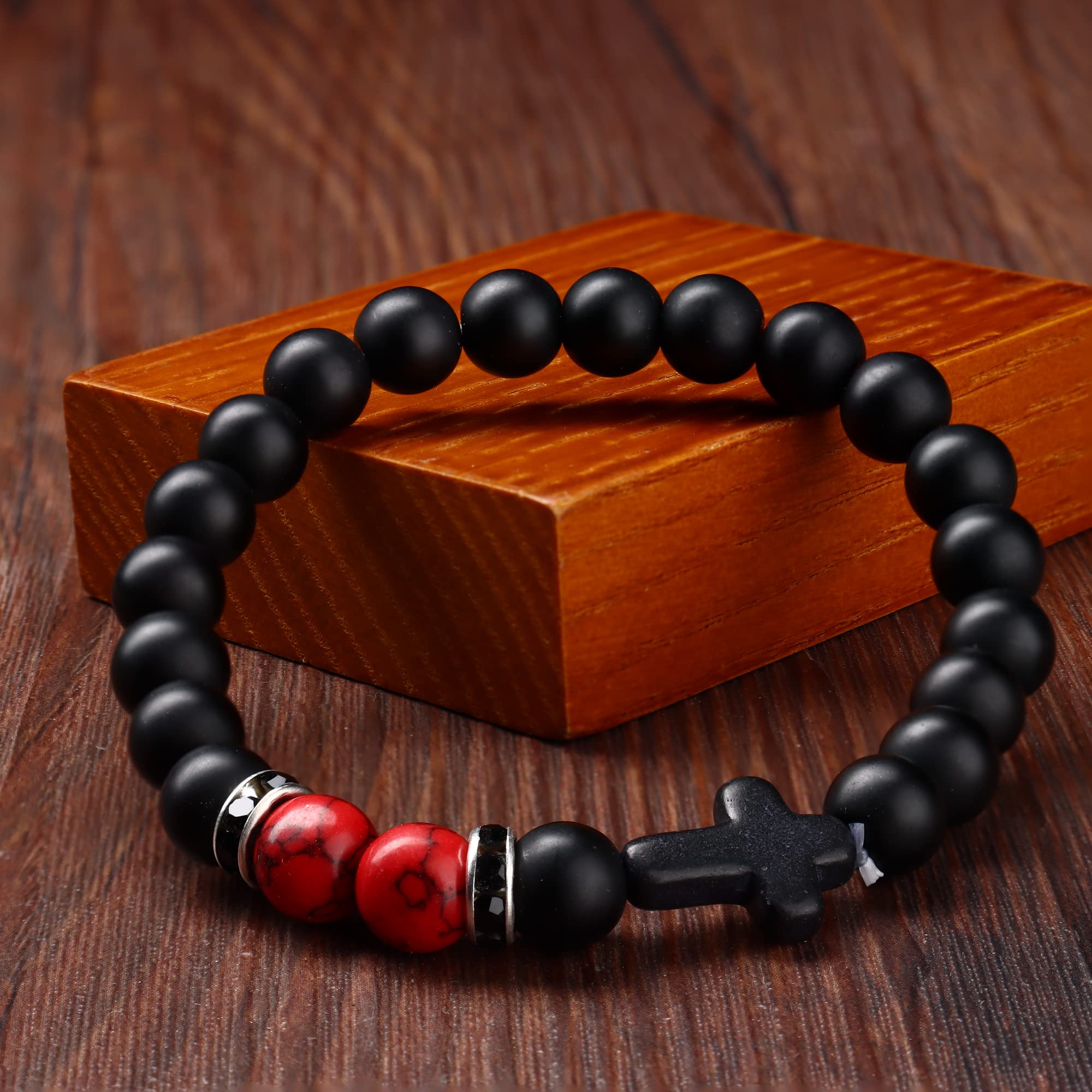 SAILIMUE 8 Pcs Stretchable Cross Bead Bracelets Set - 8mm Tiger Eye & Lava Rock Stone Beaded Bracelets for Women & Men | Yoga, Meditation, Fashion Accessories