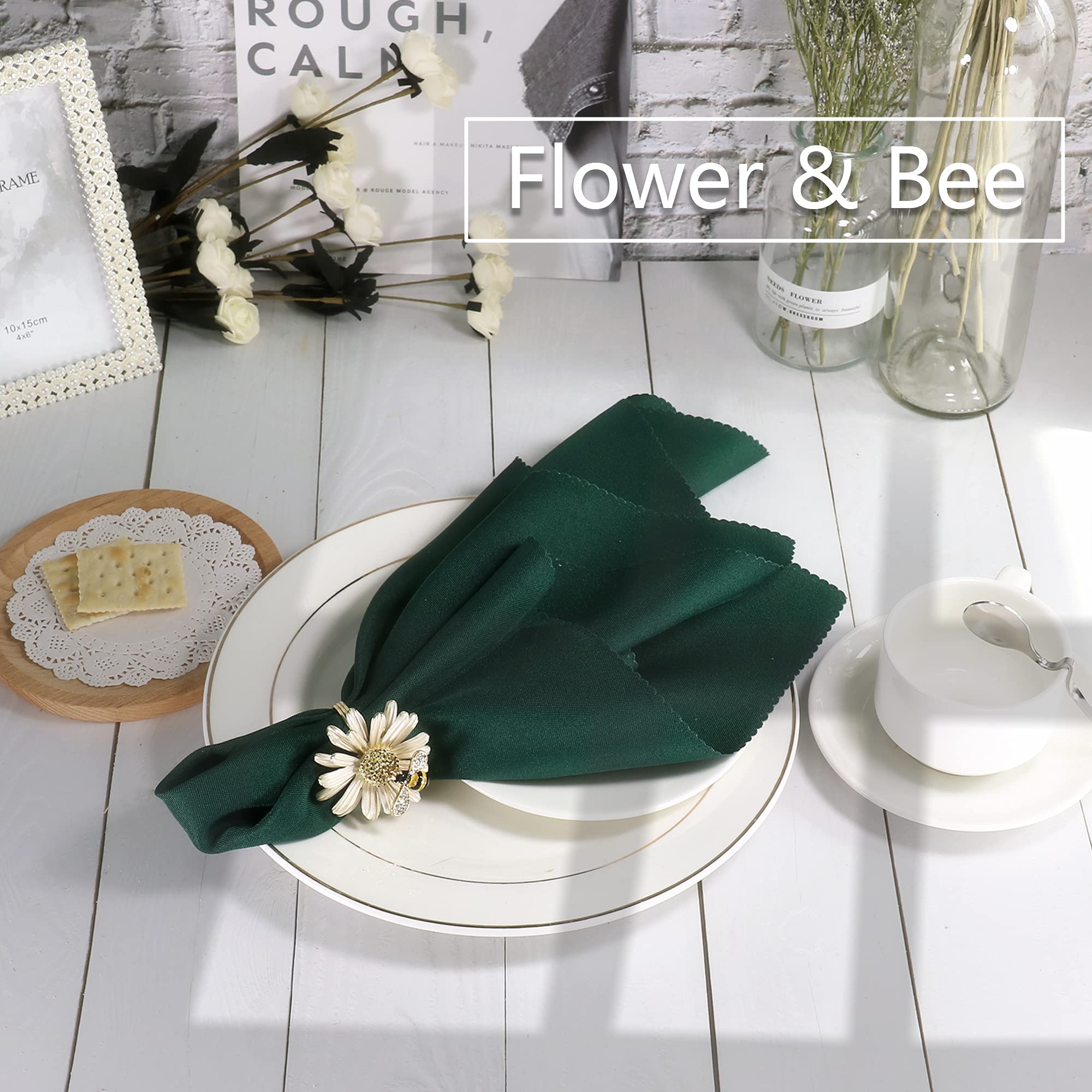 Bee & Flower Napkin Rings Set of 6 - Elegant Wedding, Holiday, Christmas & Thanksgiving Table Decor for Dinner Parties & Home Decor - Perfect for Formal Dining, Festive Gatherings & Special Occasions