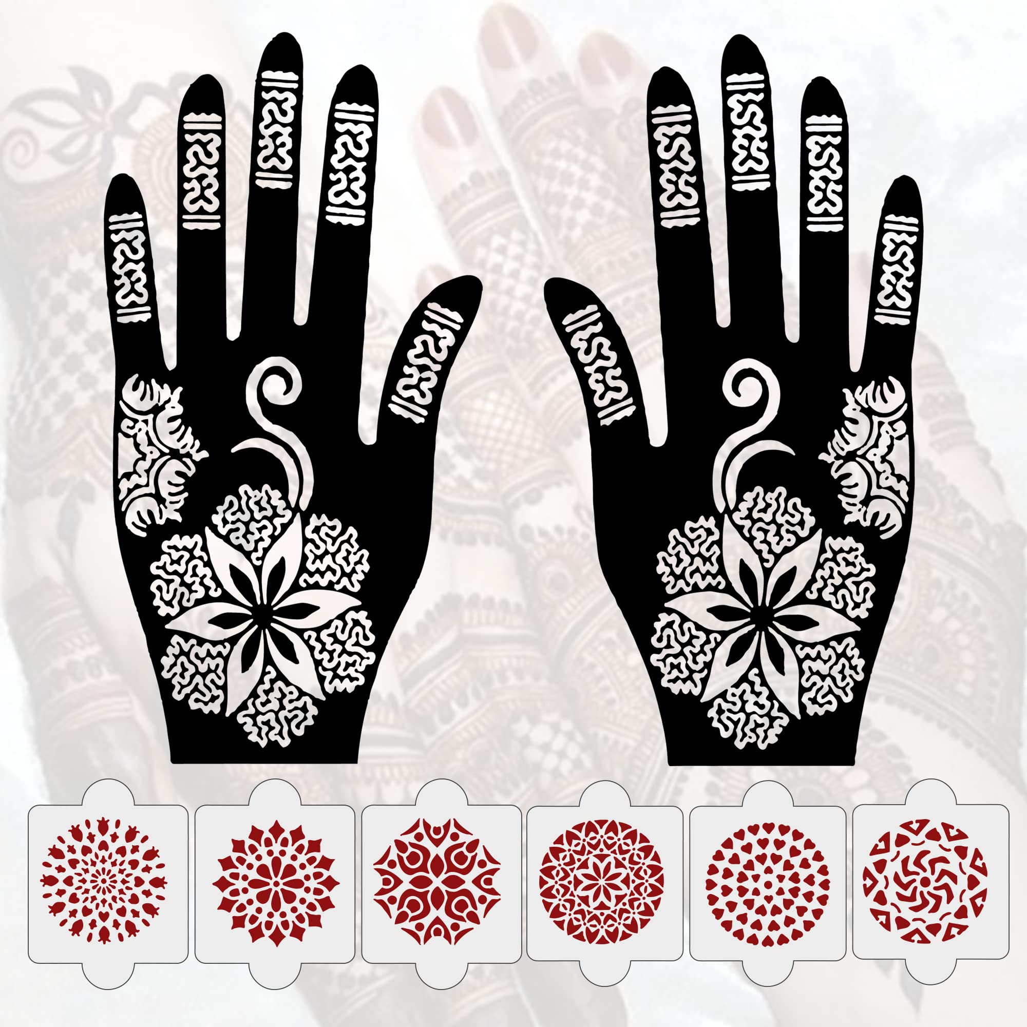 8 Pcs Henna Stencil Tattoo Kit - 2 Henna Tattoo Stencils + 6 Reusable PVC Laser Cut Stickers for Hands - Easy DIY Mehndi Designs for Women, Girls & Kids - Perfect for Weddings, Parties & Festive Occasions