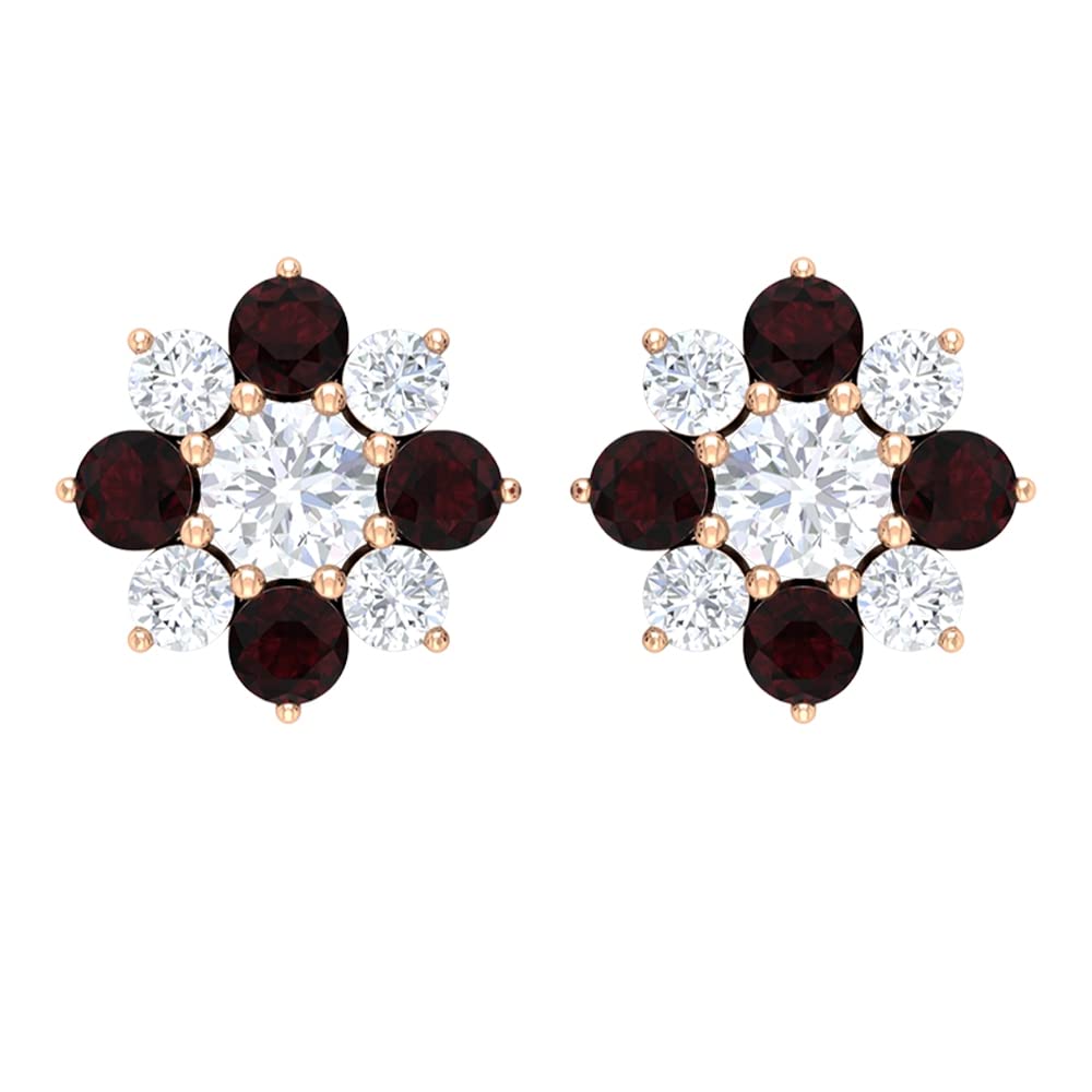 3/4 CT Garnet and Moissanite Stud Earrings for Women - 14K Solid Gold Flower Cluster Stud Earrings | Perfect for Valentine's Day, Anniversary Gifts, and Everyday Elegance
