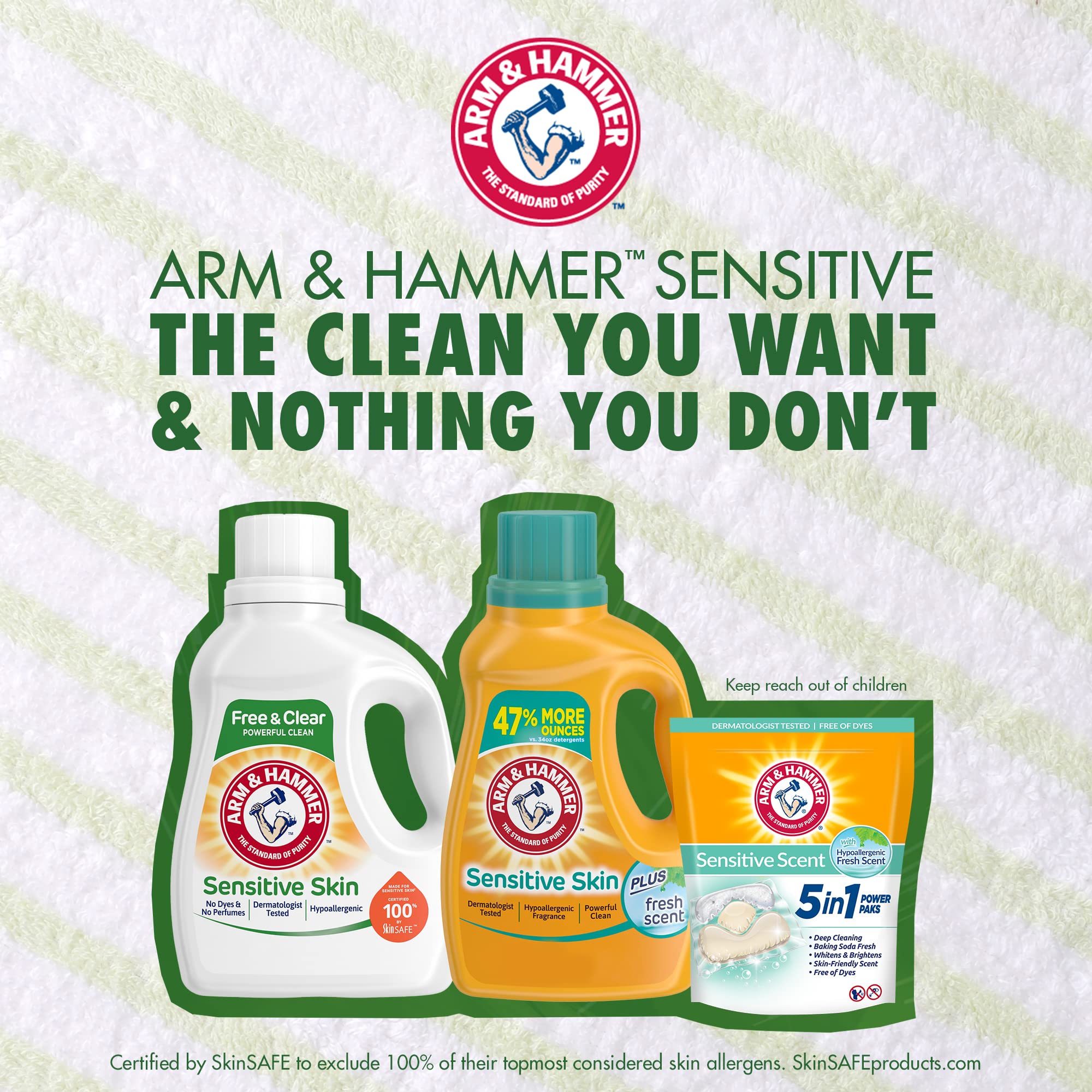 ARM & HAMMER Hypoallergenic Laundry Detergent for Sensitive Skin - Fresh Scent Liquid Detergent, 144.5 Fl Oz (4.27L) - Gentle on Skin, Ideal for Babies & Allergy-Prone Families - Perfect for Everyday Laundry & Delicate Fabrics