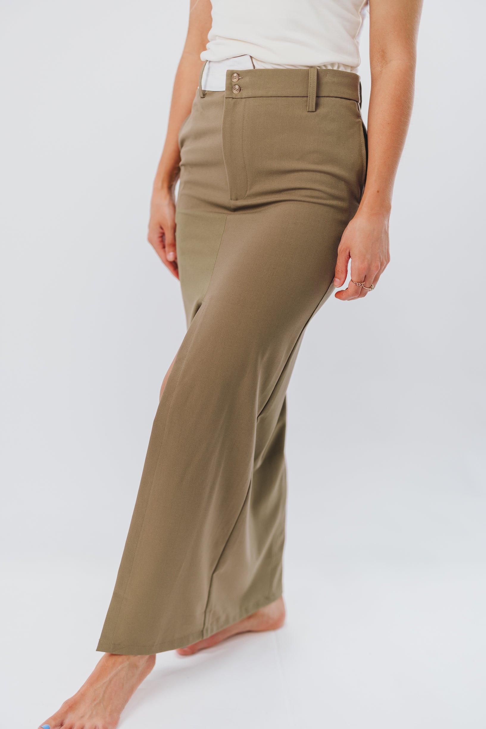 Colin High Waist Maxi Skirt with Contrast Band - Olive Green Women's Fashion Skirt for Casual Wear, Office Outfits & Summer Dresses