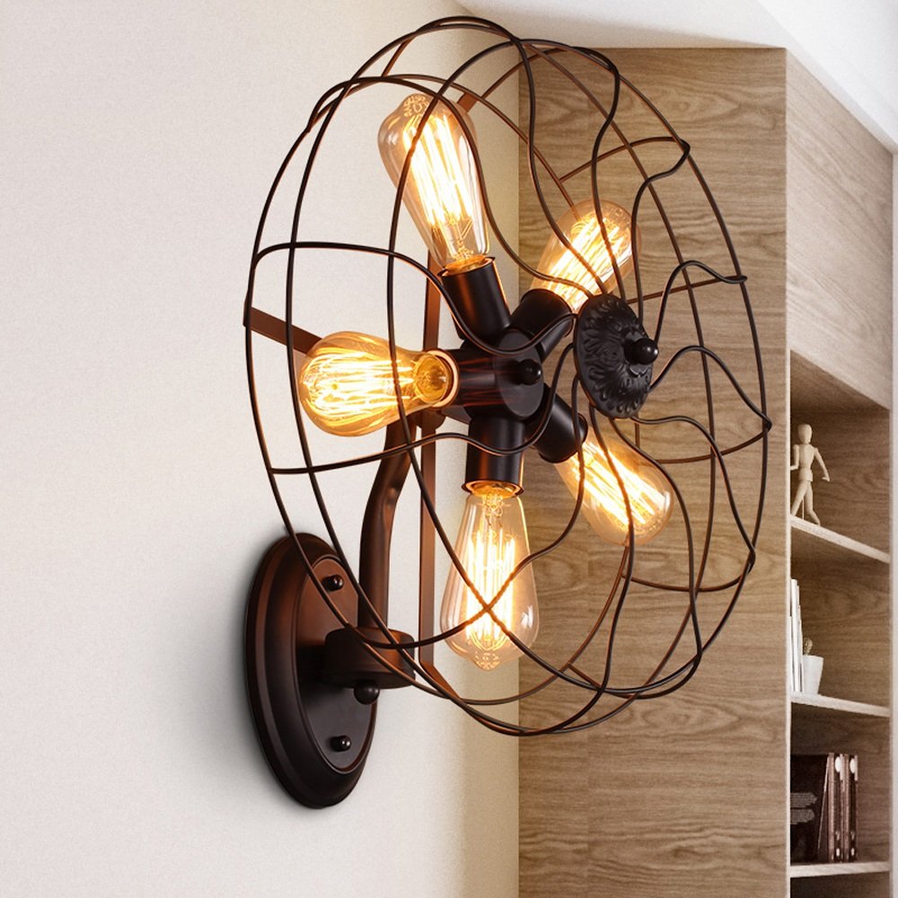 Vintage Industrial Wall Sconce - 5-Light Retro Fan Design Windmill Wall Lamp for Bar, Restaurant, Studio & Home Decor | Rustic Ceiling Lighting Fixture with Nostalgic Ambience | Perfect for Industrial Loft, Cafe, and Vintage-Themed Spaces