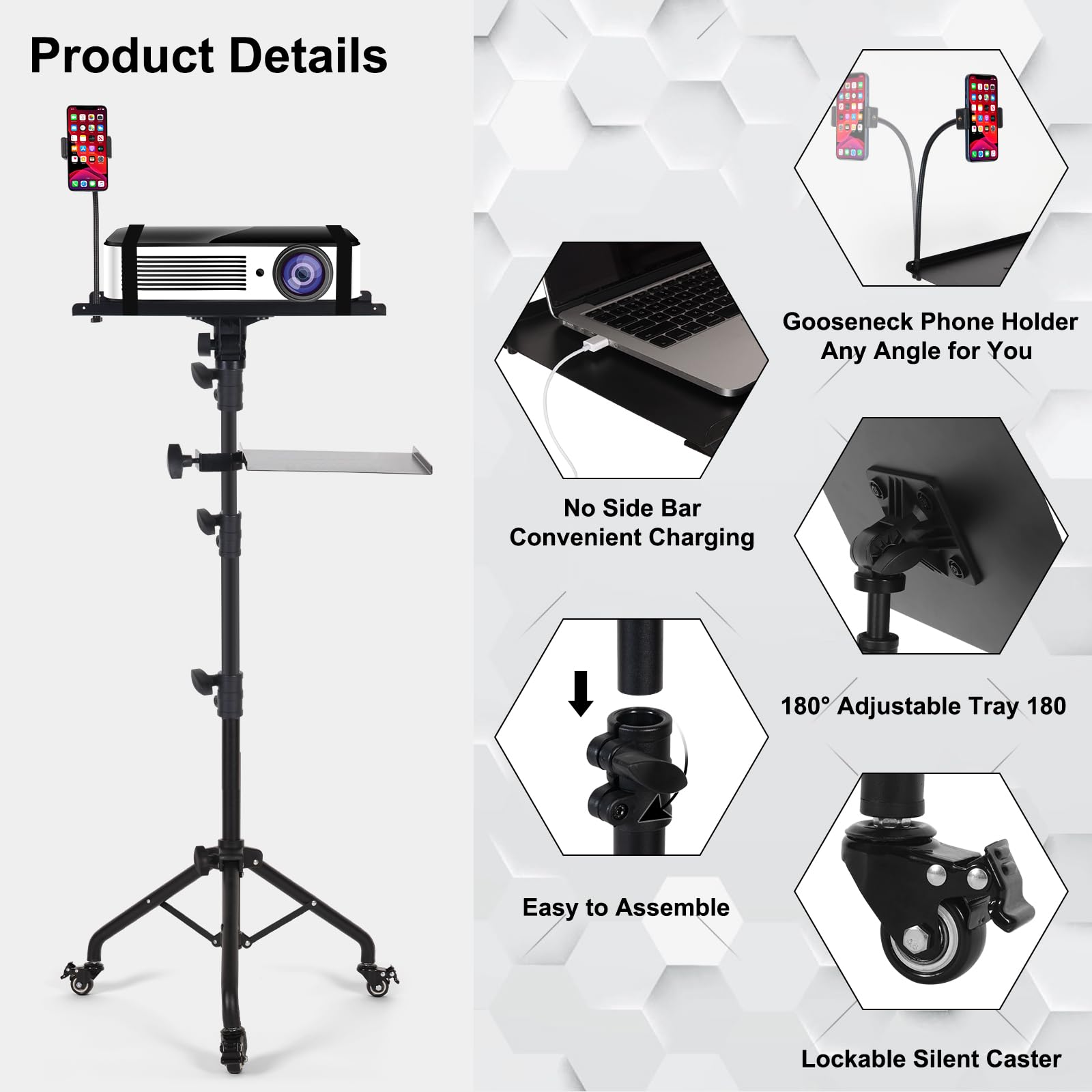 Adjustable Laptop Tripod Stand on Wheels with 2 Shelves & Phone Holder - Portable Projector Floor Stand (25.9 to 51.8 Inch Height) - Perfect for Home Office, Classroom Presentations & Mobile Workstations