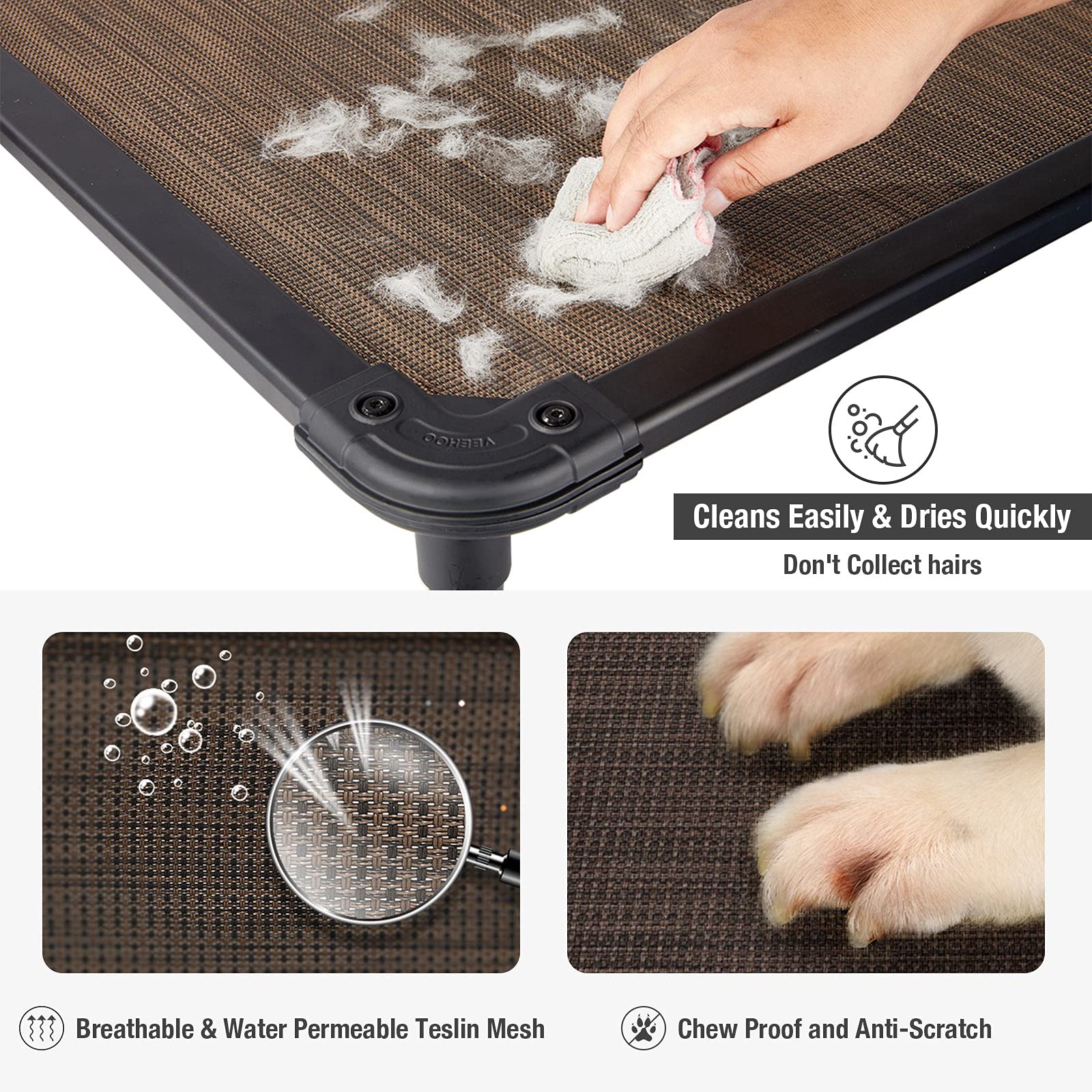 Veehoo Chew Proof Cooling Dog Bed - Durable Raised Pet Cot with Aluminum Frame for Indoor/Outdoor Use - Medium Brown