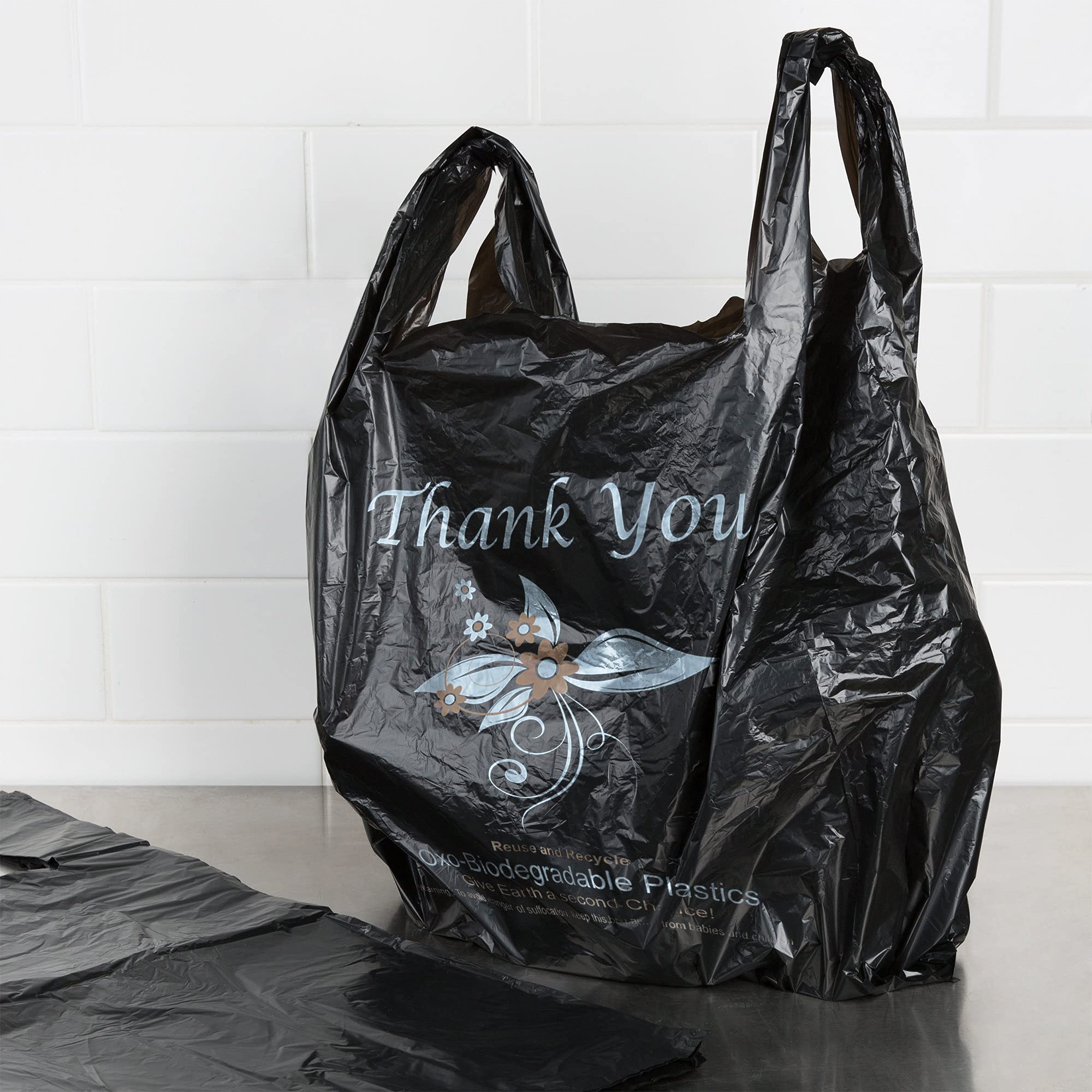 APQ 400 Pack Thank You Plastic Bags 18x8x32 Inches - 18 Micron Thick Black T-Shirt Carry Out Bags | Durable Preprinted Retail Shopping Bags for Stores, Restaurants & Clothing Boutiques | Perfect for Gift Packaging, Takeout Orders & Customer Purchases