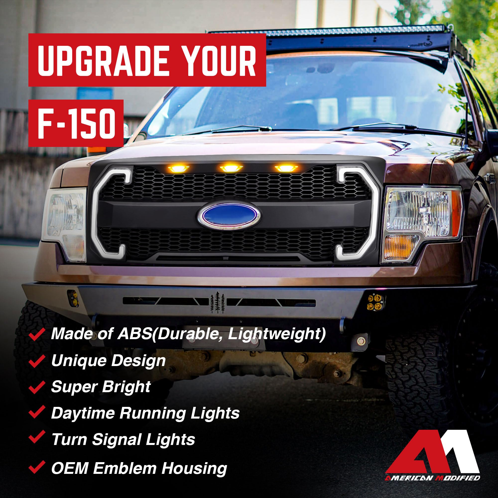 Raptor Style Mesh Grille with DRL & Turn Signals for 2009-2014 Ford F150 | Matte Black | Off-Road & Street Upgrade | Enhanced Style & Visibility