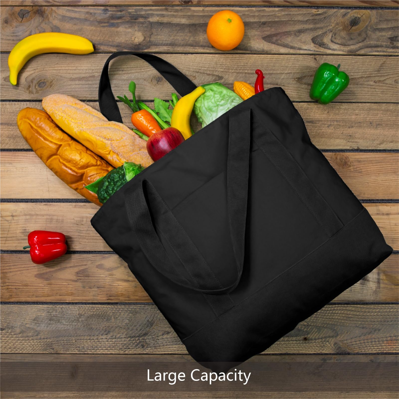 TOPDesign 3-Pack Canvas Tote Bags with External Pocket - Reusable Grocery Shopping Bags with Top Zipper Closure for Daily Essentials (Black) | Perfect for Grocery Shopping, Beach Trips & Work Commute