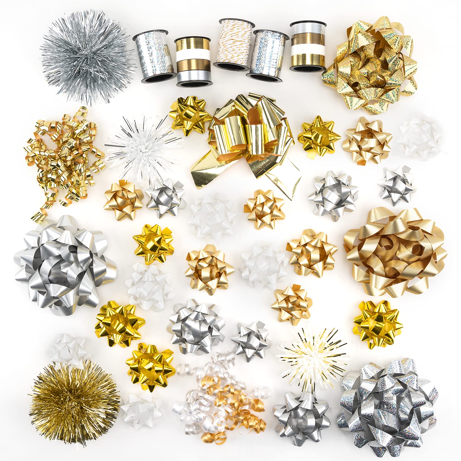 40 Pcs Premium Gift Bows Assortment Set - 28 Mixed Size Holiday Bows (Gold, Silver, White) with Pull Bow, Tinsel Bows, Fountain Bows, Curly Bows & Curling Ribbons - Perfect for Christmas Wrapping, Birthday Gifts, Wedding Decorations and Party Supplies