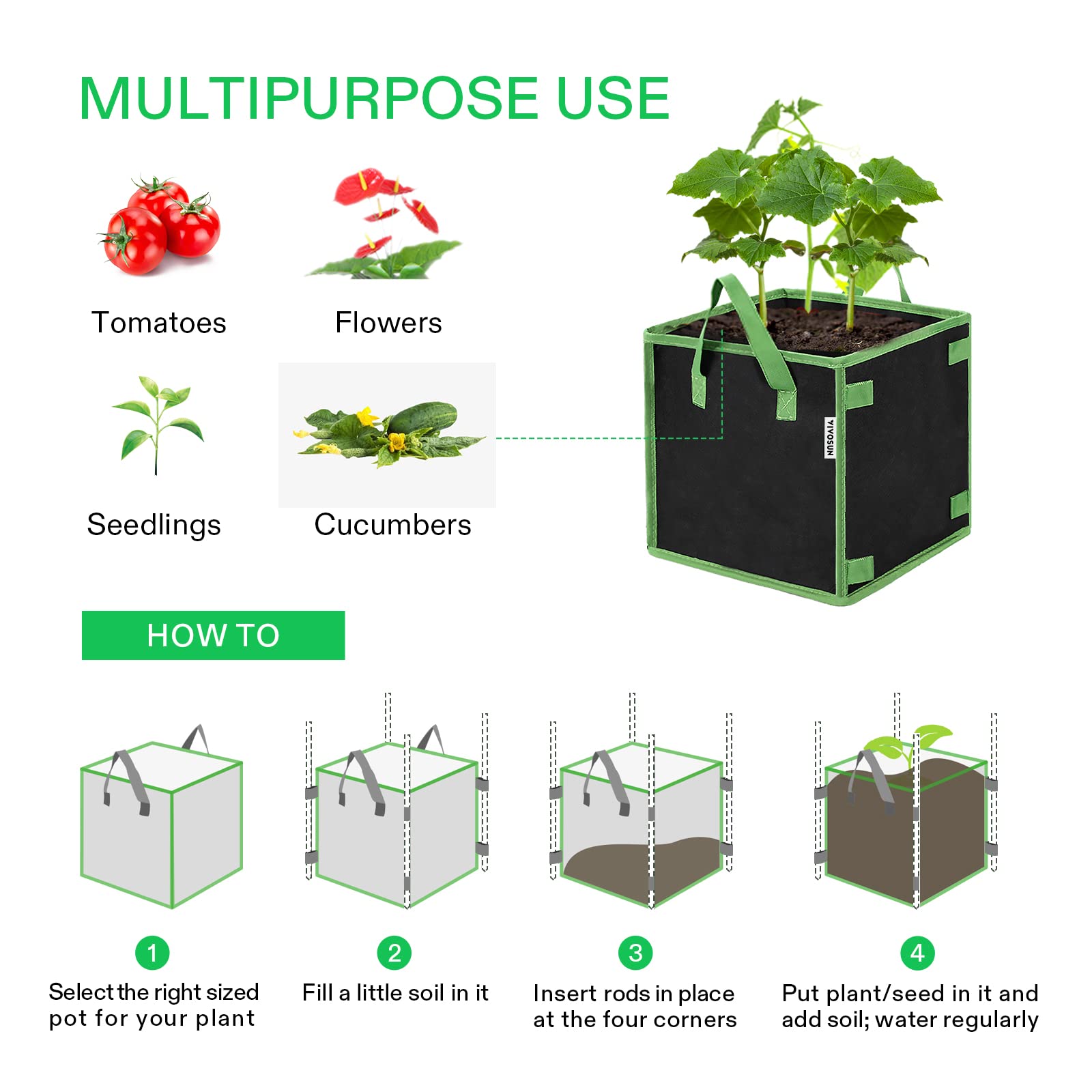 VIVOSUN 5 Pack 7 Gallon Square Grow Bags - Thick Nonwoven Fabric Pots with Sturdy Handles for Indoor Outdoor Plants, Vegetables, Herbs - Perfect for Container Gardening, Balcony Planting & Hydroponics