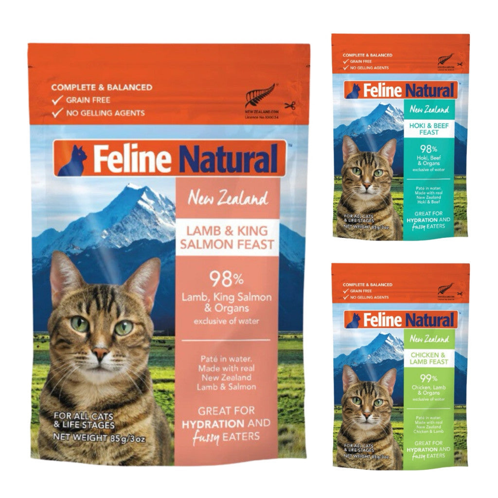 Feline Natural Grain-Free Wet Cat Food Pouches - Lamb & Salmon, Chicken & Lamb, Hoki & Beef - All Life Stages | Perfect for Indoor Cats, Kittens & Senior Cats - High Protein Natural Diet for Healthy Skin & Coat