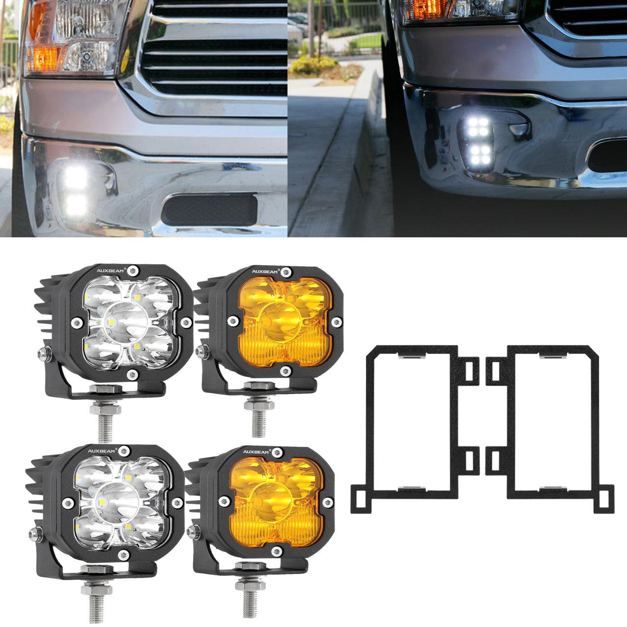 3 Inch LED Pods Lights with Amber Covers & Fog Lamp Brackets for Dodge Ram 1500 (2013-2018) - Off-Road Lighting, Fog Light Replacement, Truck Accessories
