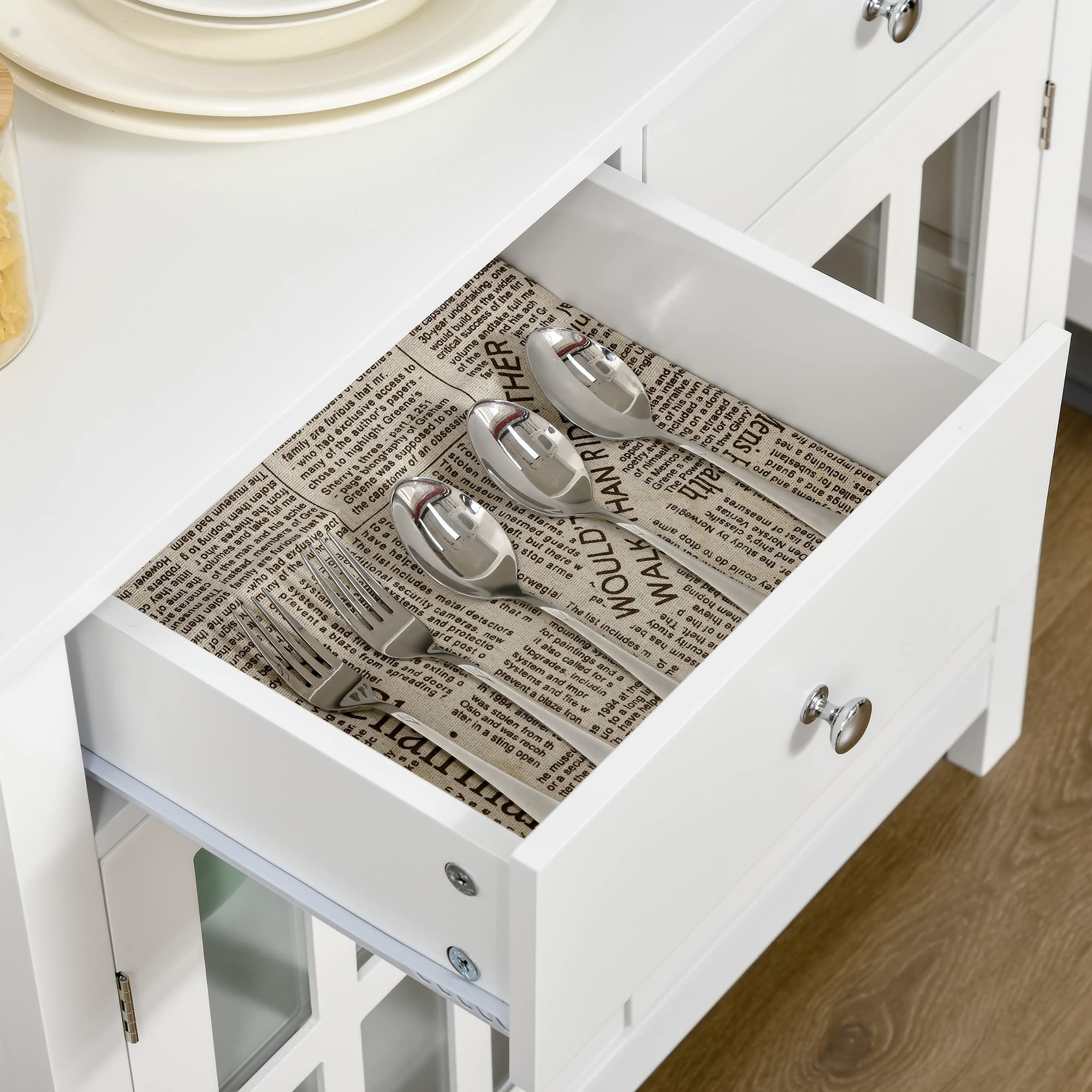 HOMCOM White Sideboard Buffet Cabinet with Glass Doors, Adjustable Shelf & 2 Drawers - Modern Kitchen Storage for Dining Room, Living Room, or Entryway Organization