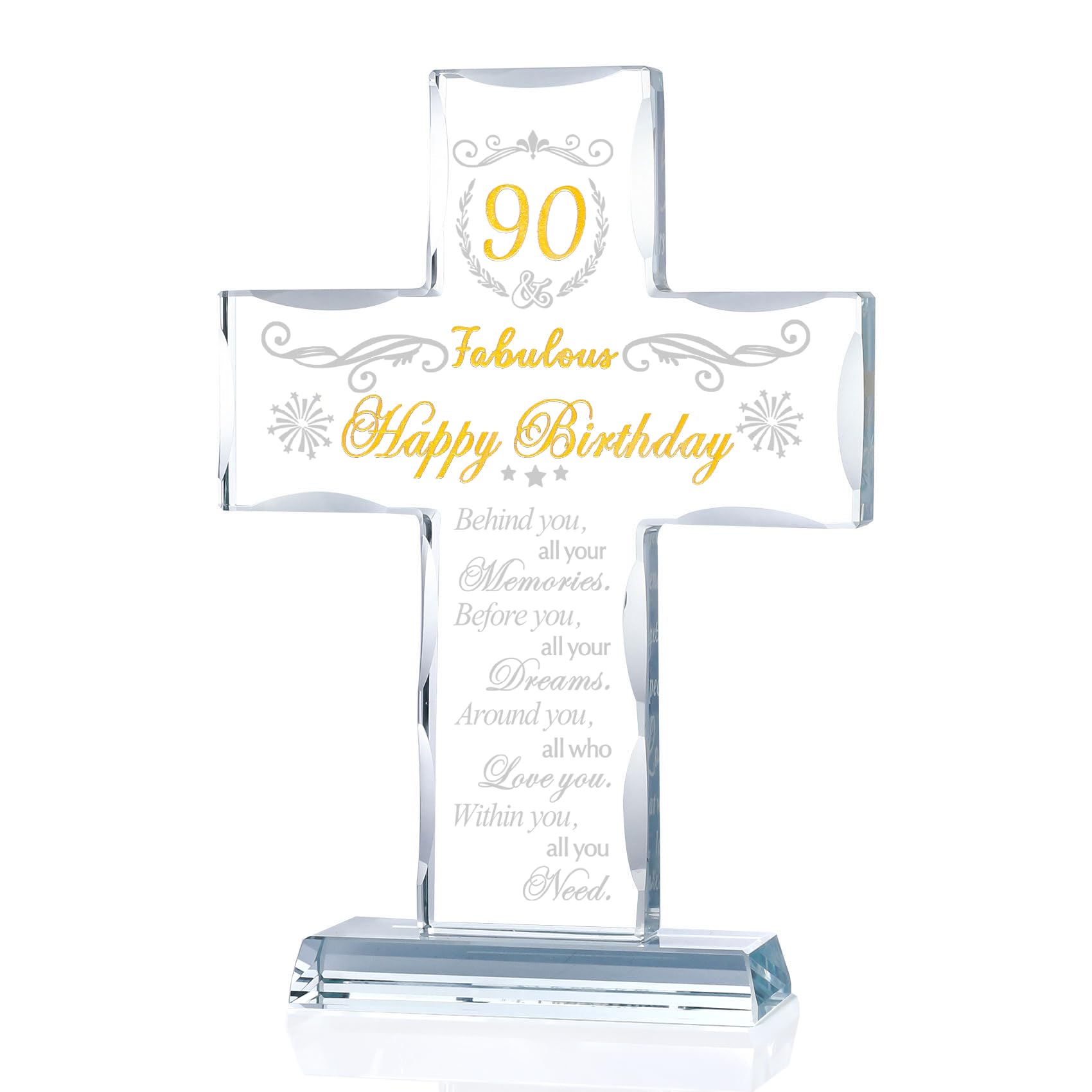 90th Birthday Religious Gifts for Women & Men - Elegant Glass Stand Cross with '90 & Fabulous' Blessing - Perfect 90th Birthday Present for Grandma, Mom & Friends - Ideal for Church Celebrations, Milestone Anniversaries & Christian Home Decor