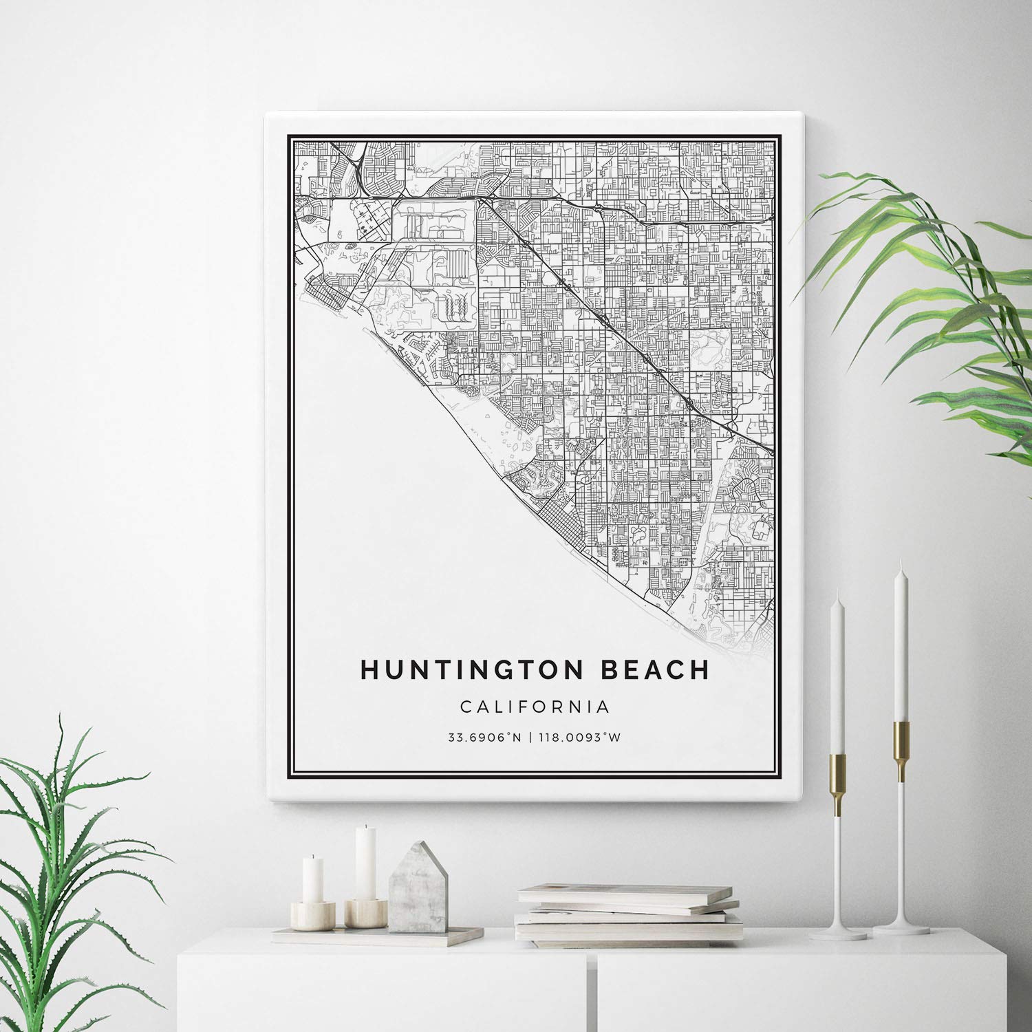 Squareious Huntington Beach Map Canvas Print - Minimalist California Wall Art, City Maps Decor, Perfect Gift for Beach Lovers - 24x36 Inches - Ideal for Dining Room, Living Room & Office Decor