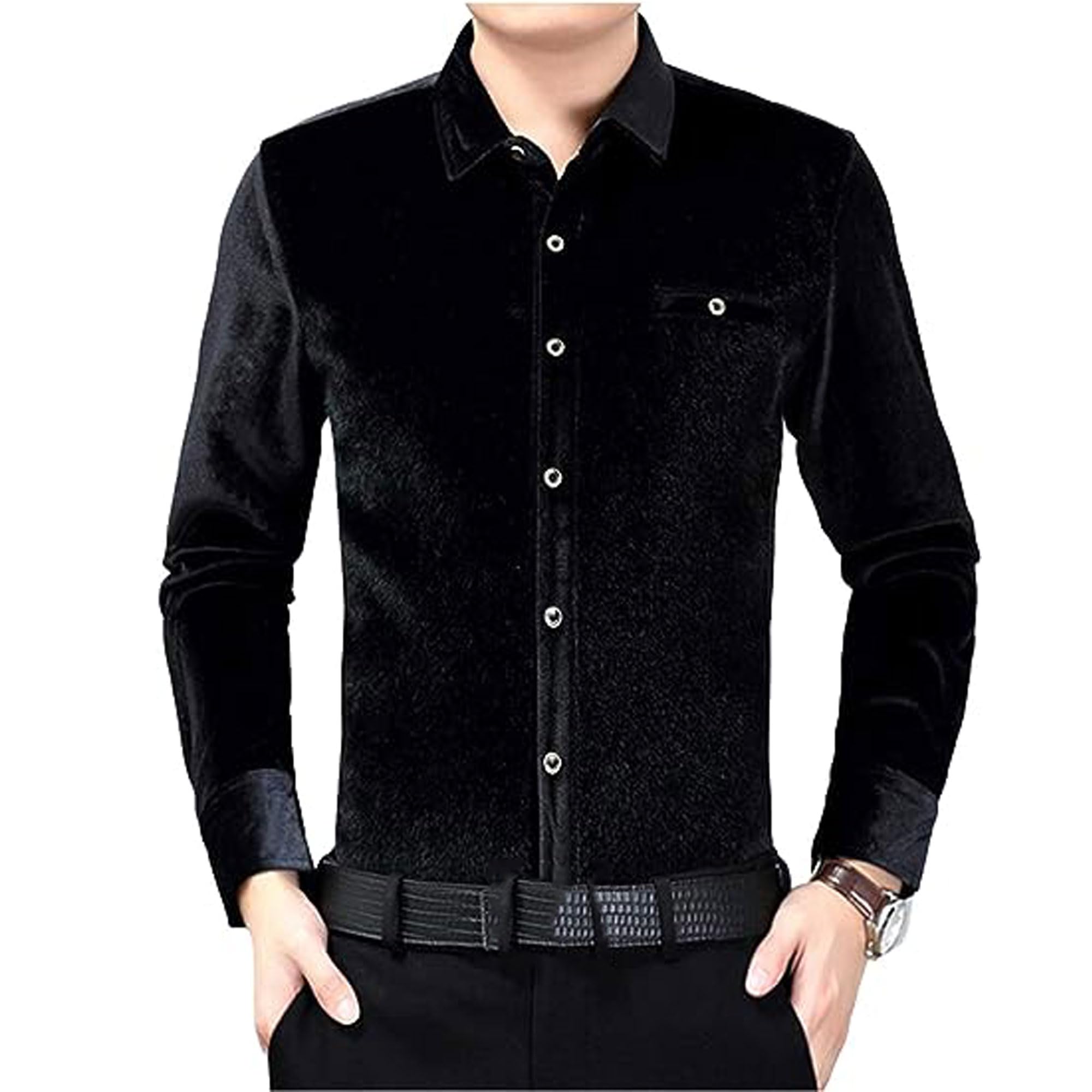 Best Men's Slim Fit Velvet Long Sleeve Shirt for Autumn - XL Black | Comfortable & Stylish Fall Fashion for Work, Date Night & Casual Outings