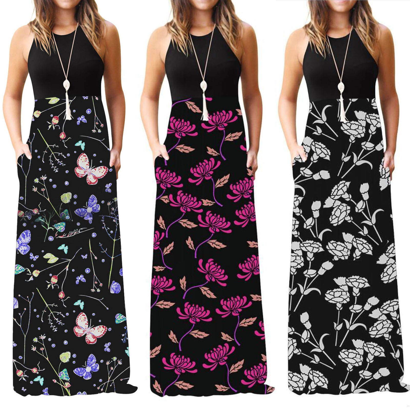 MASZONE Women's Floral Print Summer Maxi Dress - Casual Beach Long Loose Tunic with Short Sleeves | Perfect for Vacation, Outdoor Parties & Boho Style Fashion