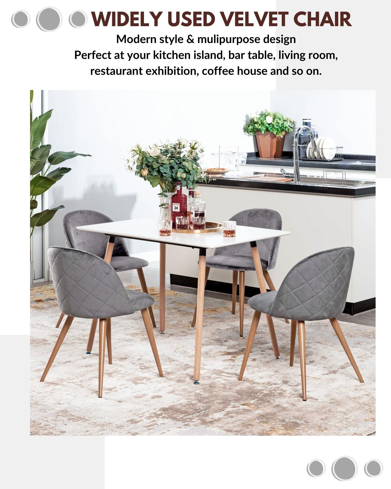 FurnitureR Velvet Dining Chairs Set of 2 - Modern Mid Century Kitchen & Living Room Accent Chairs with Metal Legs, Grey - Perfect for Dining Rooms, Breakfast Nooks & Home Decor (2PCS)