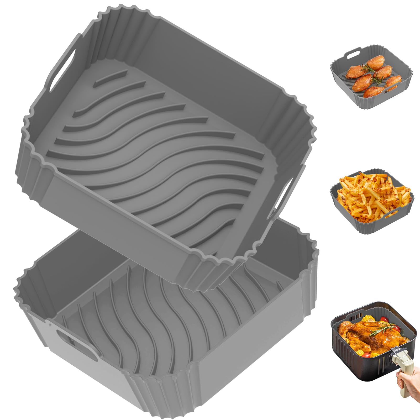 Redfly 2 Pack Reusable Square Silicone Air Fryer Liners for 4-5.5 QT, Non-Stick Air Fryer Accessories Replacement for Parchment Paper (Gray) - Perfect for Healthy Cooking, Crispy Snacks & Easy Cleanup