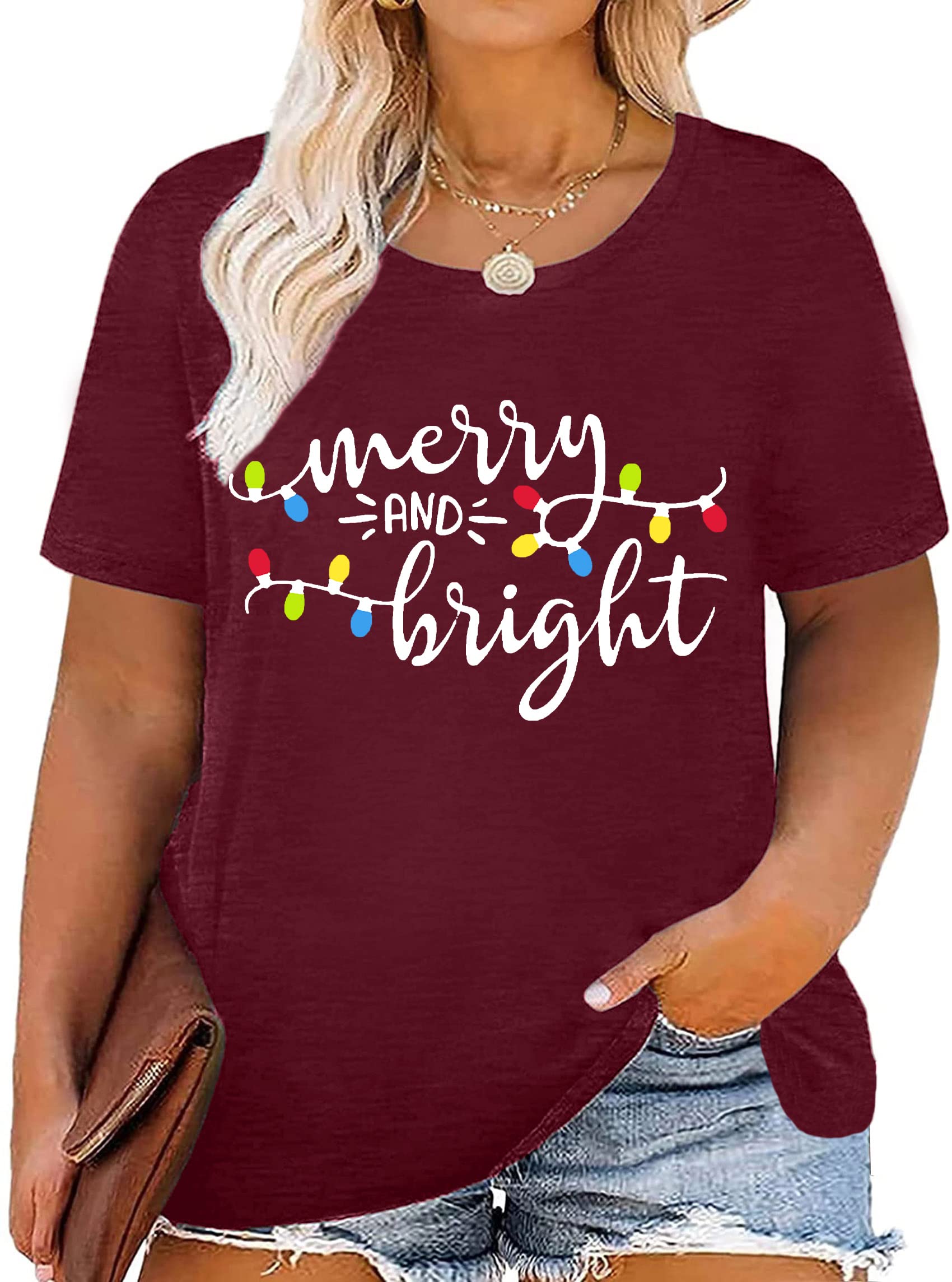 Christmas Plus Size Shirt for Women - Merry and Bright Holiday T-Shirt | Oversized Xmas Tee for Fall & Winter | Perfect for Holiday Parties, Family Gatherings & Festive Outfits