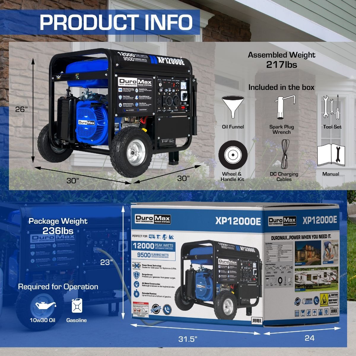 DuroMax XP12000E 9500W/12000W Dual Fuel Portable Generator with Electric Start - Ideal for Home Backup Power, Camping & Emergency Use