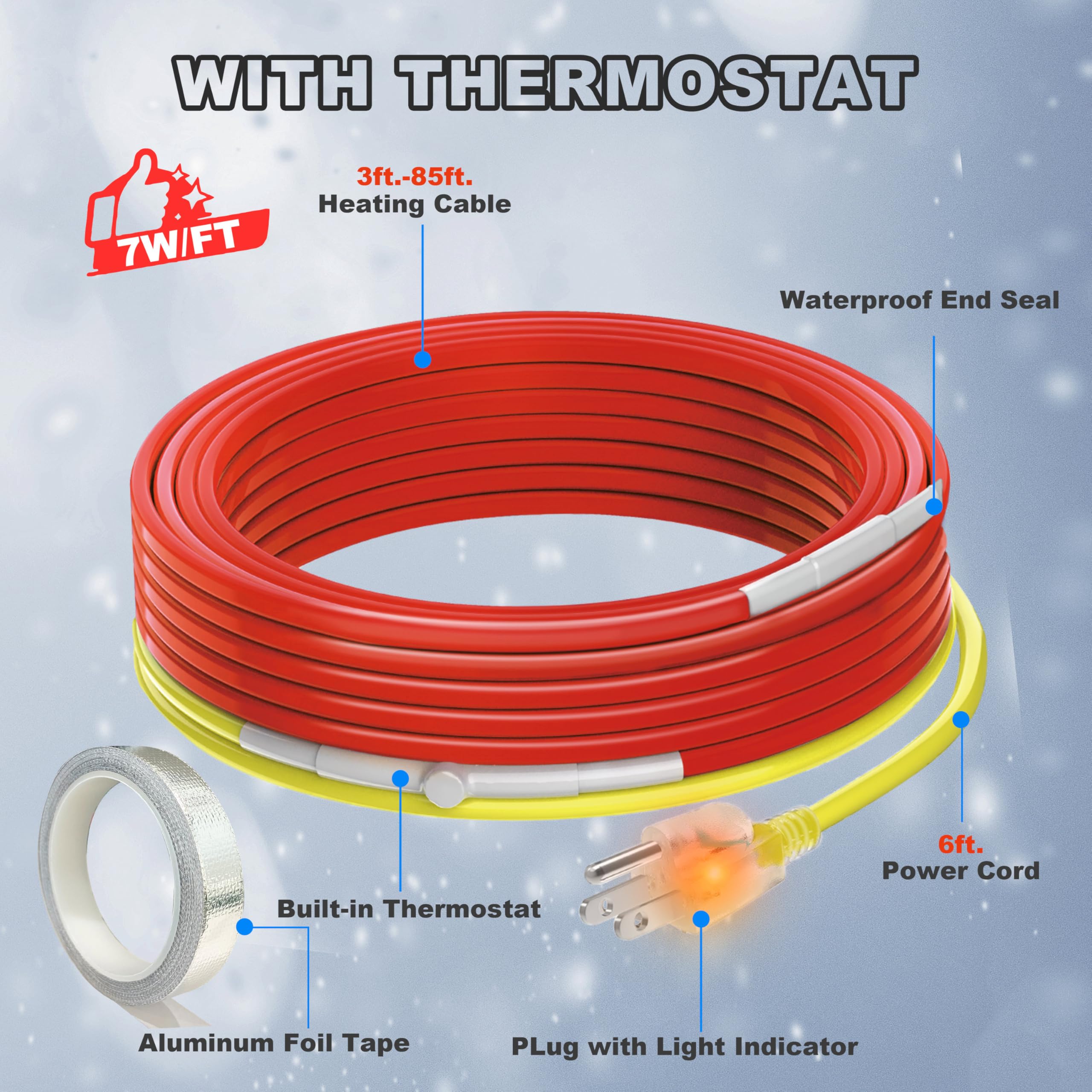 7 FT Self-Regulating Heat Cable for Pipe Freeze Protection - Water Pipe Heat Trace with Built-in Thermostat - Pre-Assembled Heat Tape for Outdoor Pipes (120V) - Perfect for Winterizing Homes, RV Water Lines & Basement Pipes