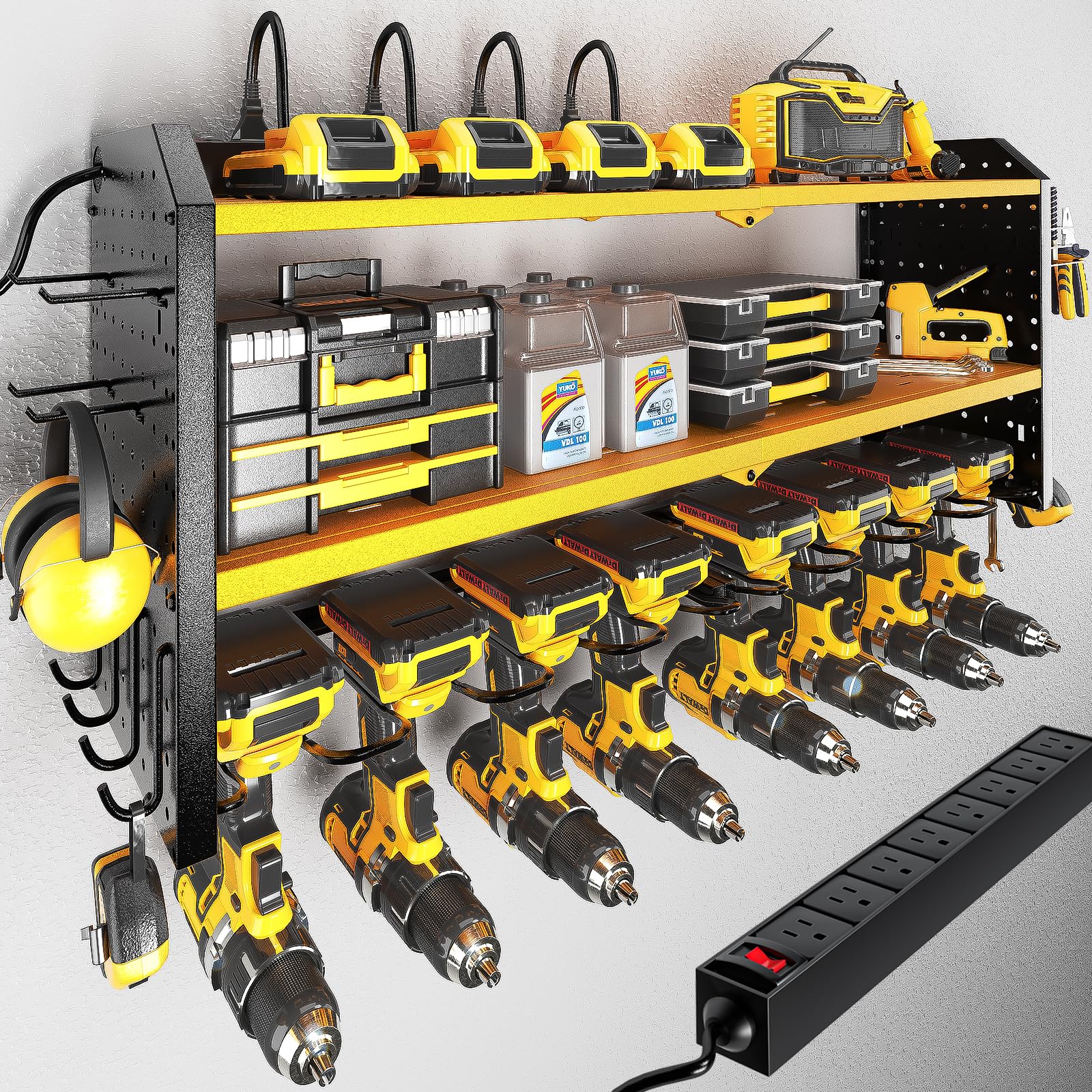 KAFAHOM Heavy Duty Metal Power Tool Organizer with Charging Station - 8 Outlet Power Strip & 8 Drill Holder Wall Mount - Garage Storage Rack & Shelf for Workshop, DIY Projects & Home Improvement - Yellow