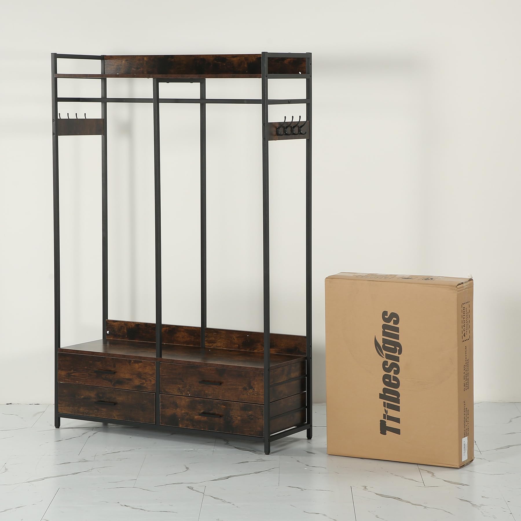 Tribesigns Heavy Duty Freestanding Closet Organizer - Garment Rack with 4 Drawers, 8 Hooks & Storage Shelves - Rustic Brown Wardrobe for Hanging Clothes - Perfect for Bedroom, Living Room & Walk-in Closet Organization