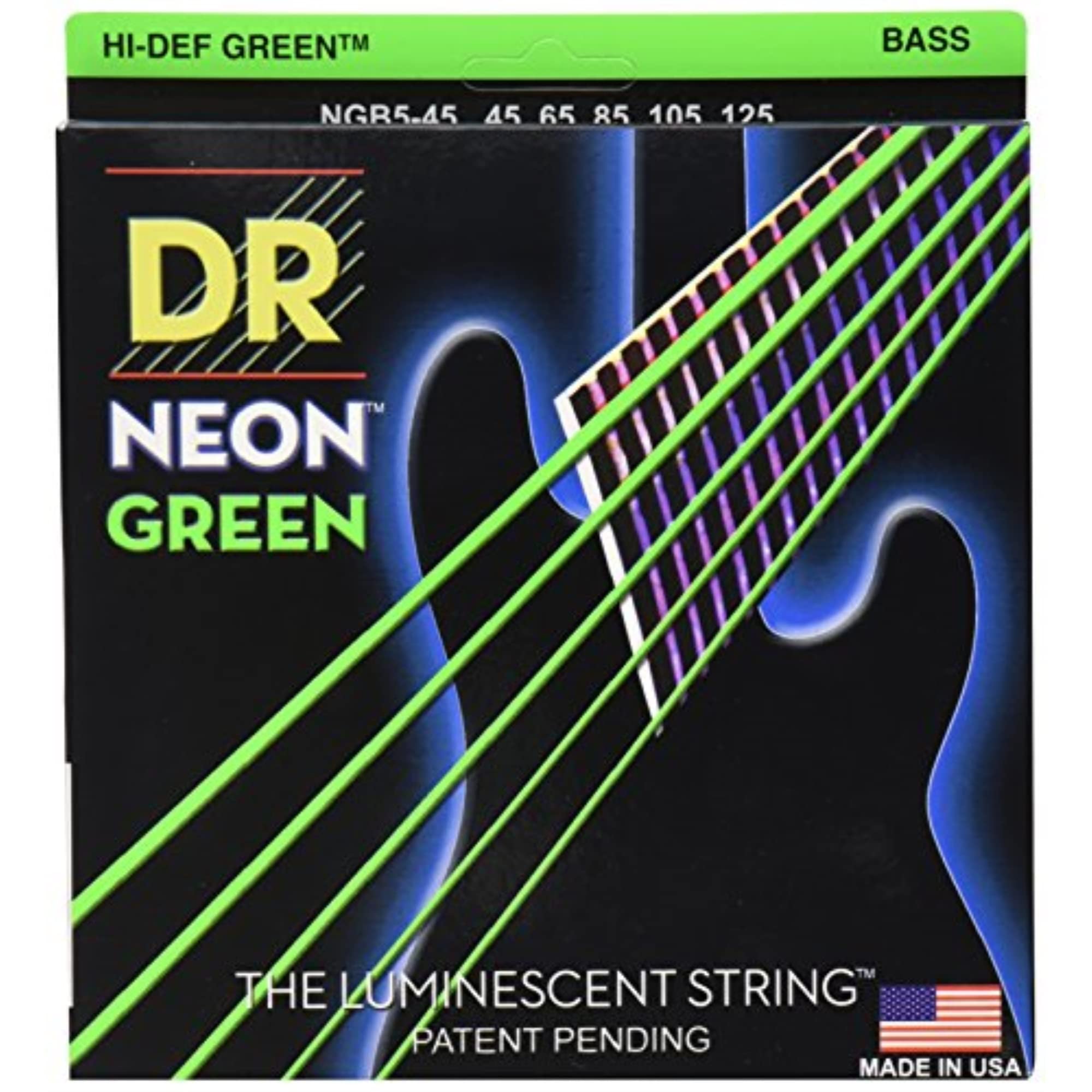 DR Strings NGB5-45 Hi-Def Neon Green K3 Coated Bass Guitar Strings - .045-.125 Medium 5-String Set for Rock, Metal & Studio Recording | Long-Lasting Bright Tone & Enhanced Durability
