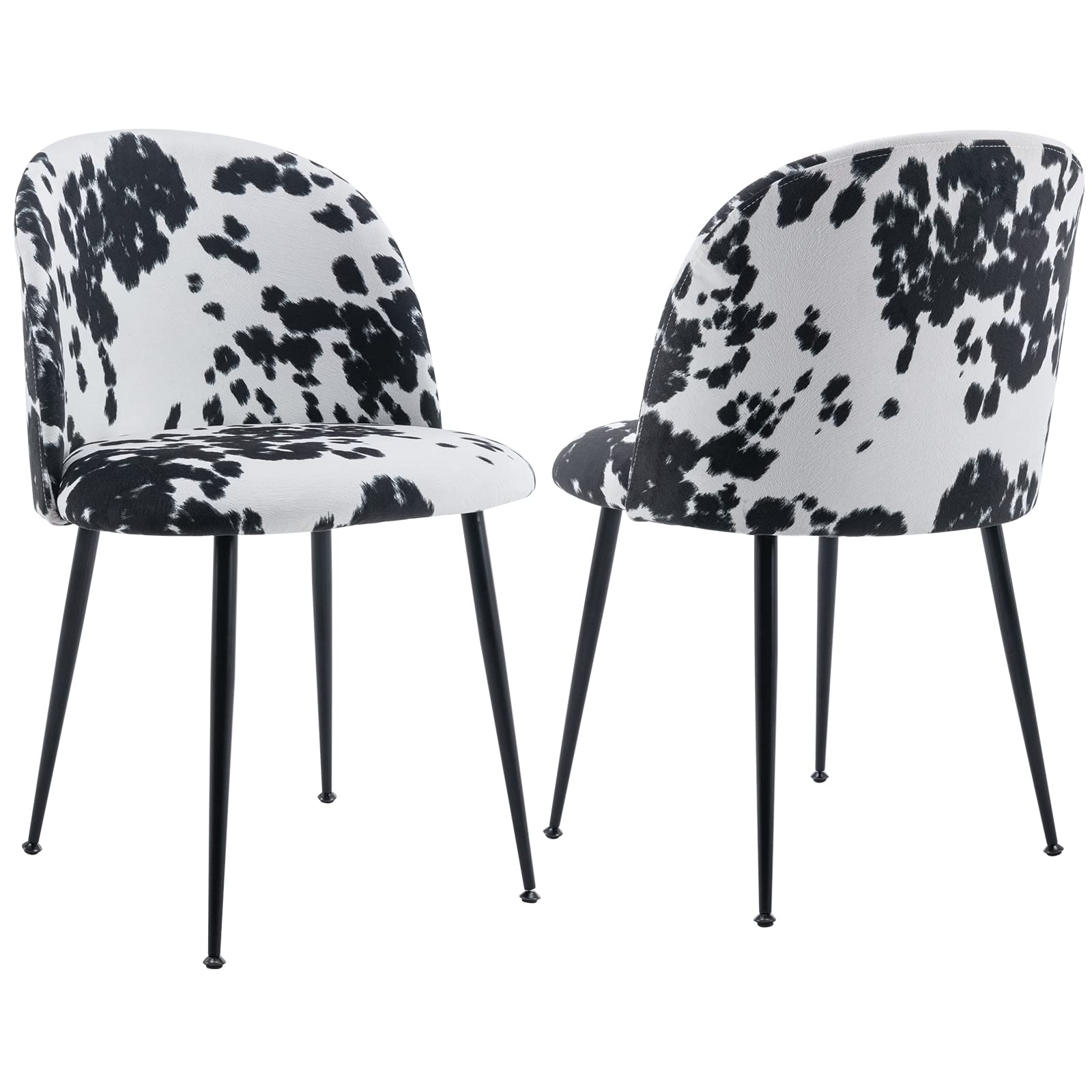Guyou Fabric Upholstered Dining Chairs Set of 2 - Modern Round Back Accent Chairs with Sturdy Metal Legs for Living Room, Bedroom & Reception - Black Cowhide Design | Perfect for Home Dining, Guest Seating & Office Waiting Areas