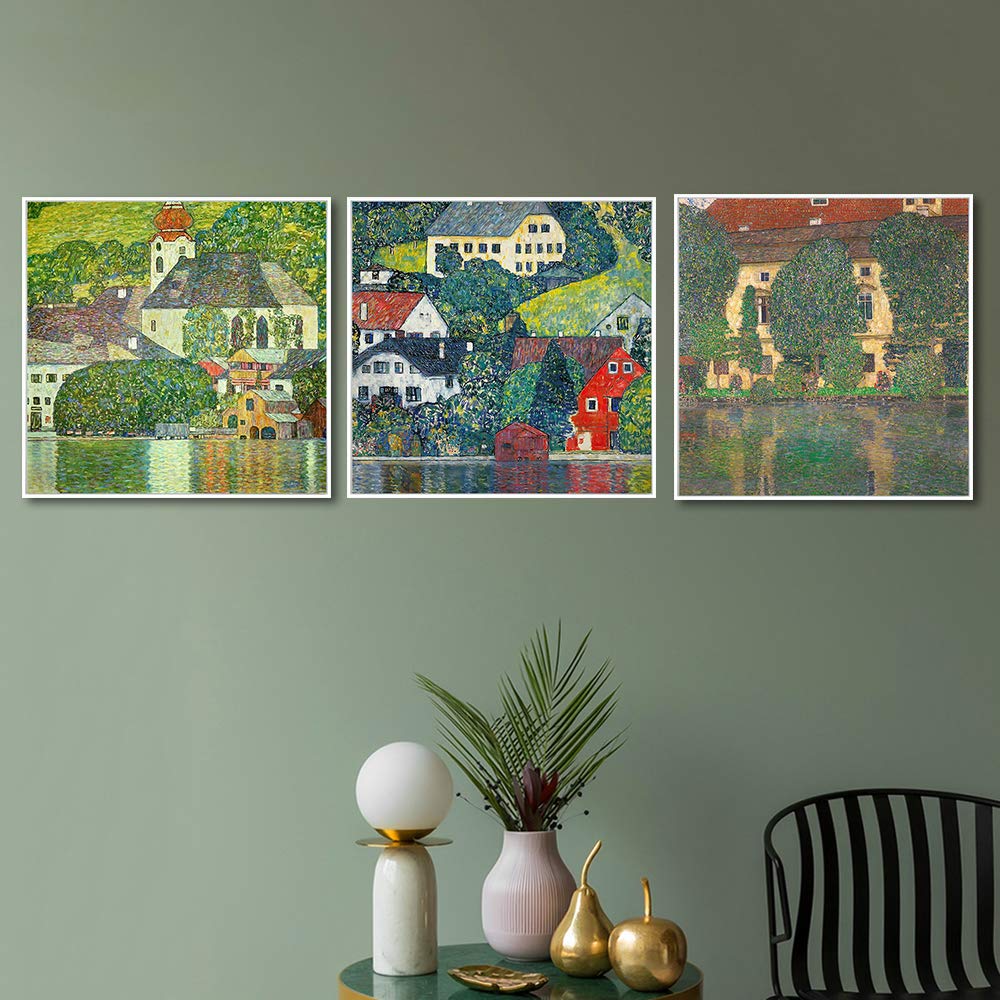 Gustav Klimt Wall Art - 3 Piece Framed Canvas Giclee Print Set (24x24 Inches Each) | White Slim Frame | Living Room & Office Decor | Famous Art Reproduction | Modern Home Decor | Perfect for Gallery Walls & Art Collections