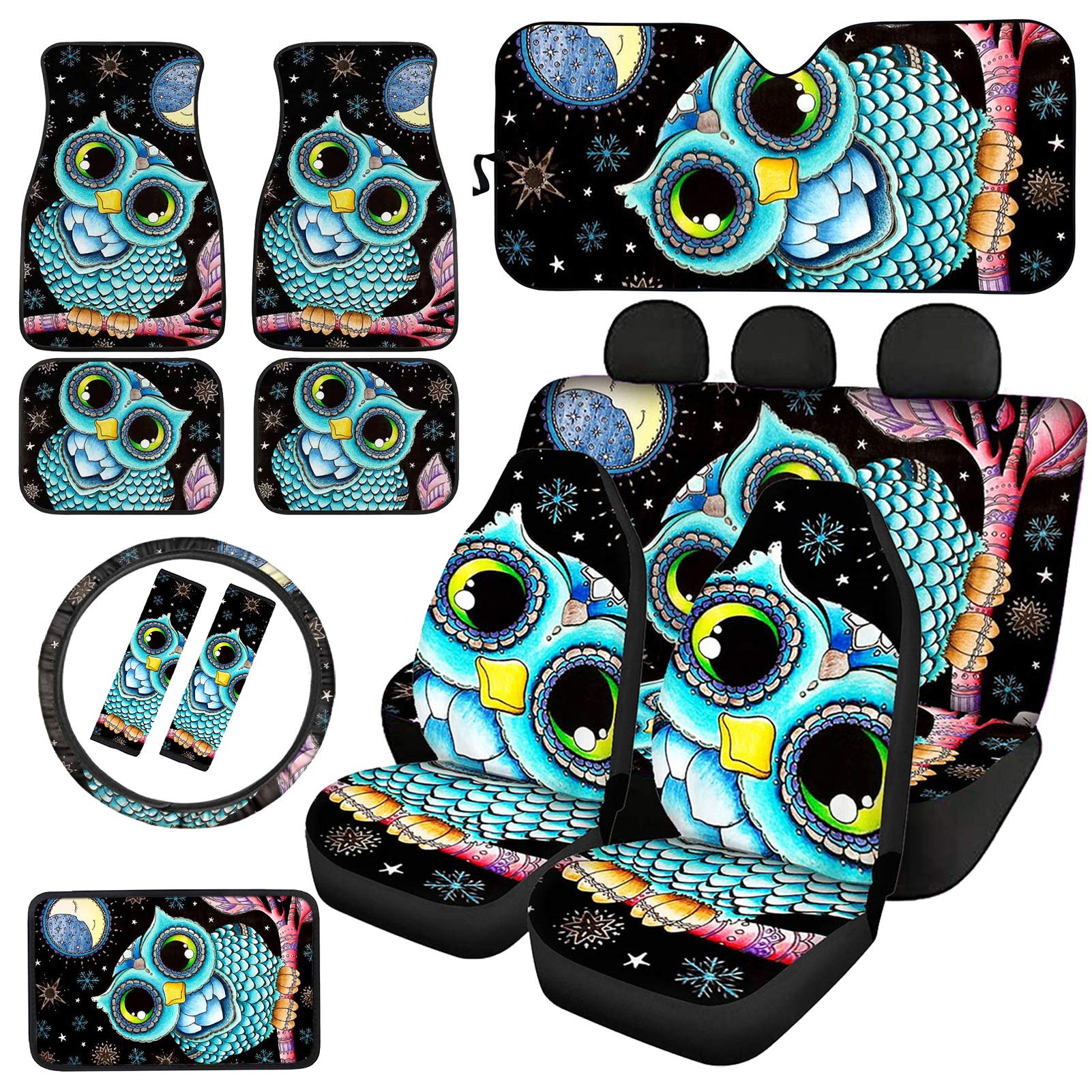 JEOCODY Galaxy Owl Car Accessories Set - 13-Piece Universal Seat Covers, Foot Mats, Sun Shade, Steering Wheel & Armrest Covers with Seat Belt Pads - Perfect for Car Interior Decoration & Protection
