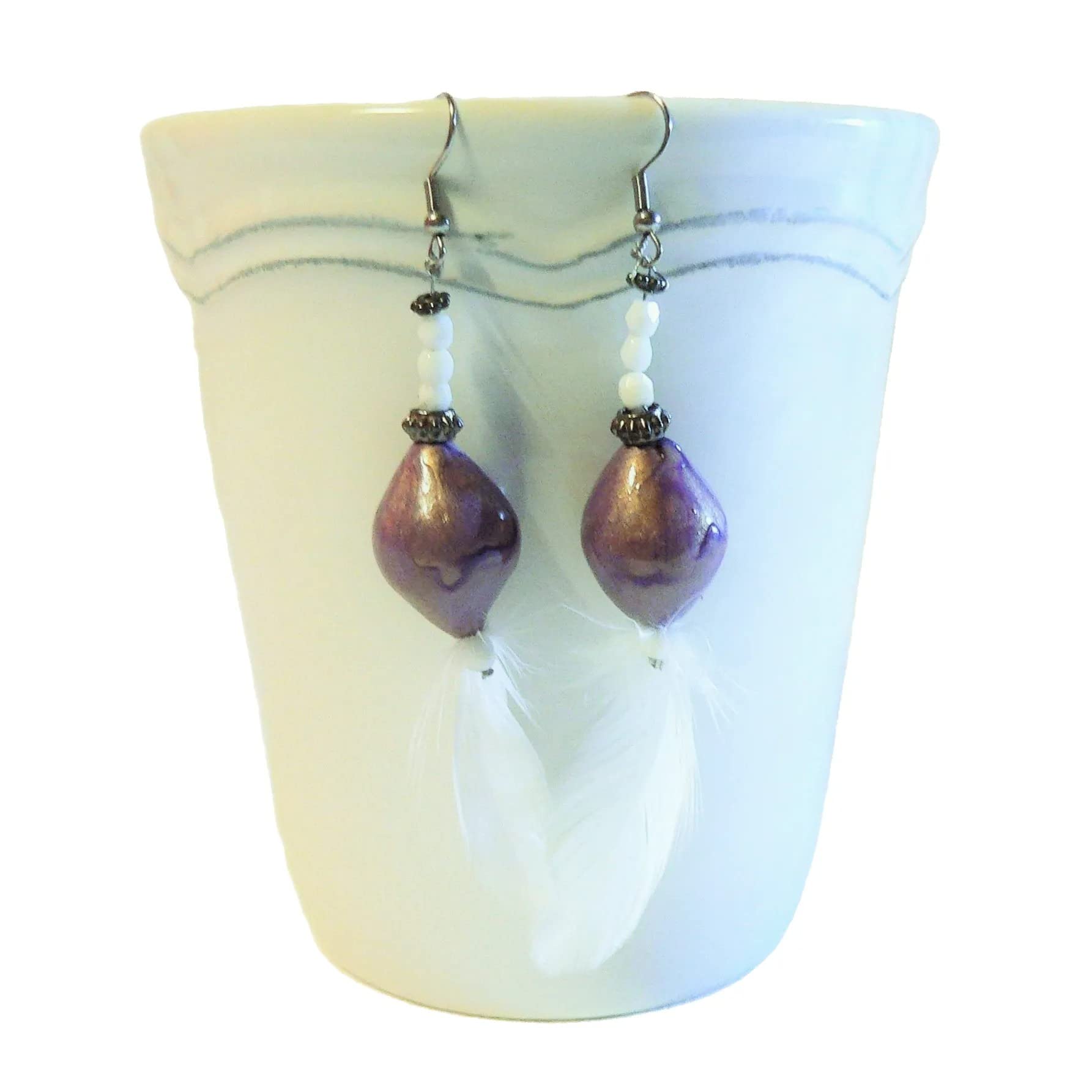 Elegant Ceramic & Feather Earrings for Women - White & Purple Dangle Earrings | Boho Chic Jewelry for Parties, Weddings & Everyday Wear
