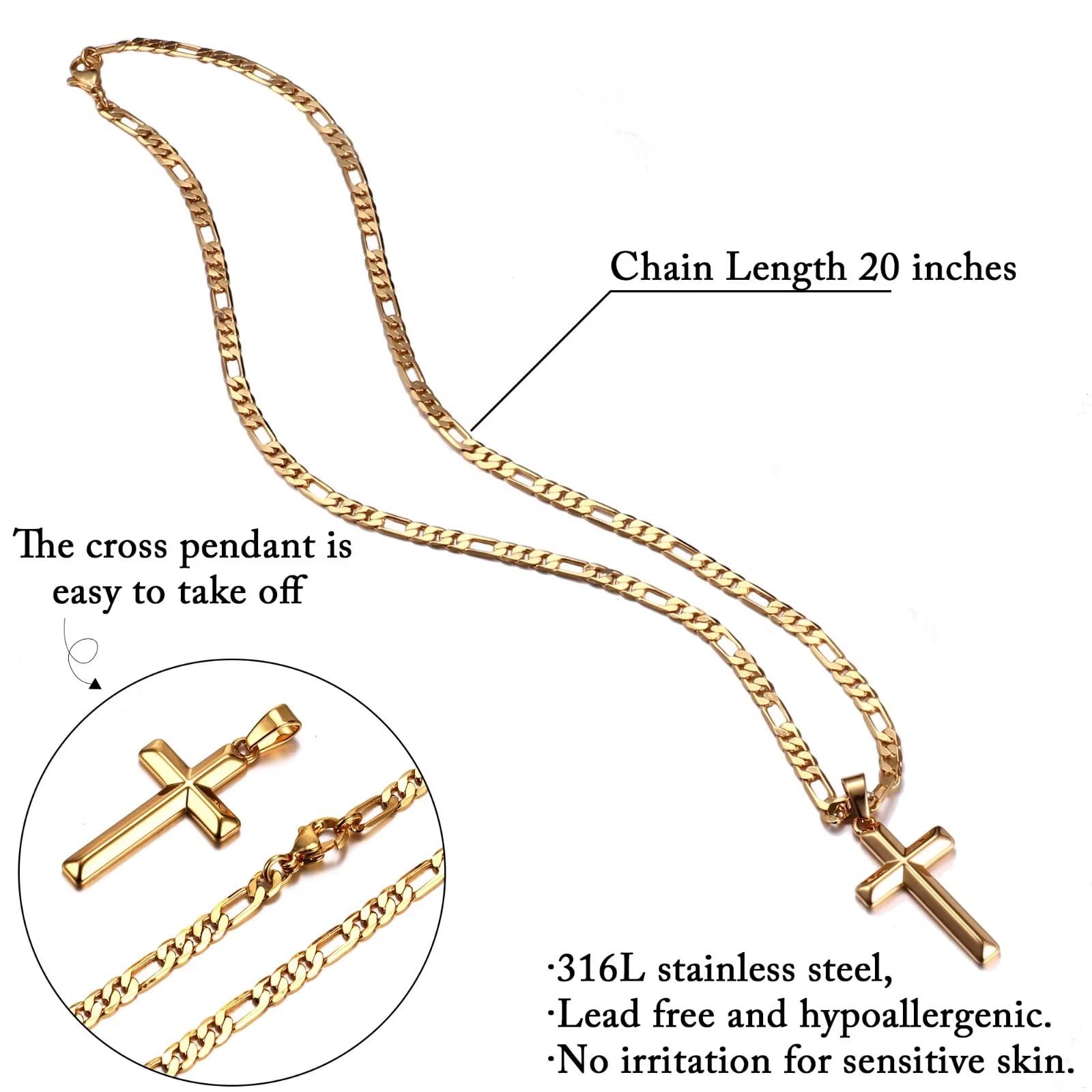 Silver/Black/Gold Figaro Chain Cross Necklace for Men - Religious Baptism Gift for Dad, Son, Husband - Anniversary Birthday Present from Wife/Daughter - Perfect for Church, Weddings & Special Occasions
