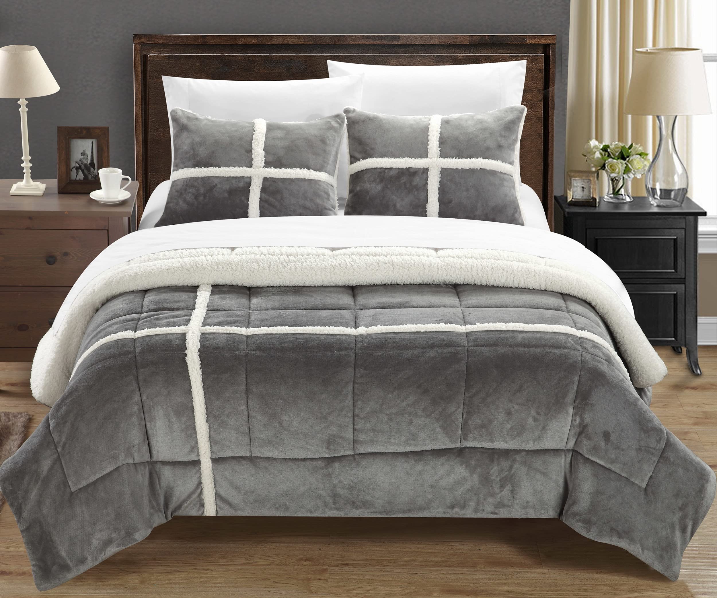 Chic Home 2-Piece Chloe Sherpa Comforter Set - Twin XL Size, Soft Silver Luxury Bedding for Cozy Winter Nights & Dorm Room Essentials