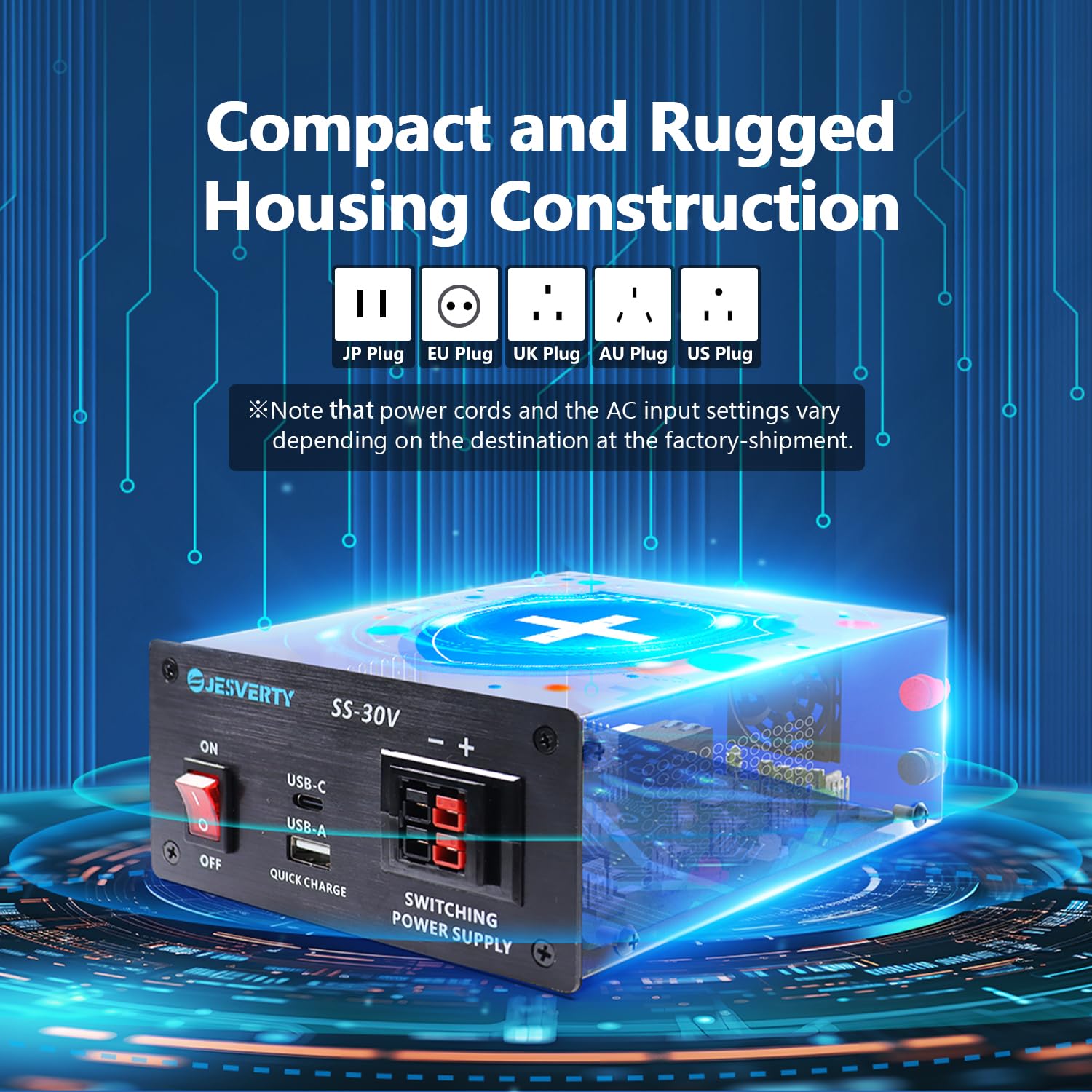 30A DC Regulated Bench Power Supply 13.8V with USB/Type-C Quick Charge - Universal AC-DC Converter for HAM Radio, Electronics Testing & DIY Projects - Compact Design with Anderson Connectors & 1/4