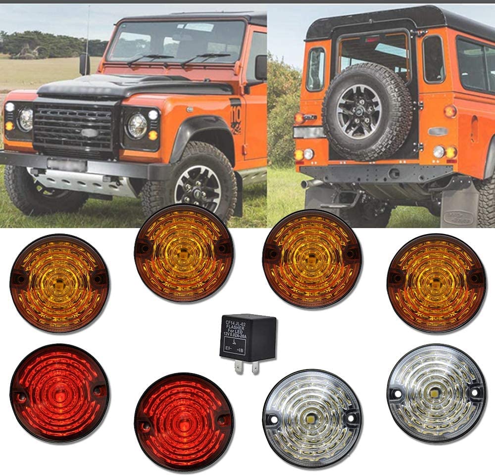 Land Rover Defender LED Light Upgrade Kit - 8pc Amber & Red Indicator Lights for Defender 90/110 (4 Yellow + 2 Clear + 2 Red) | Front Side Marker & Rear Stop Tail Lights | Off-Road Adventure & Night Driving Safety