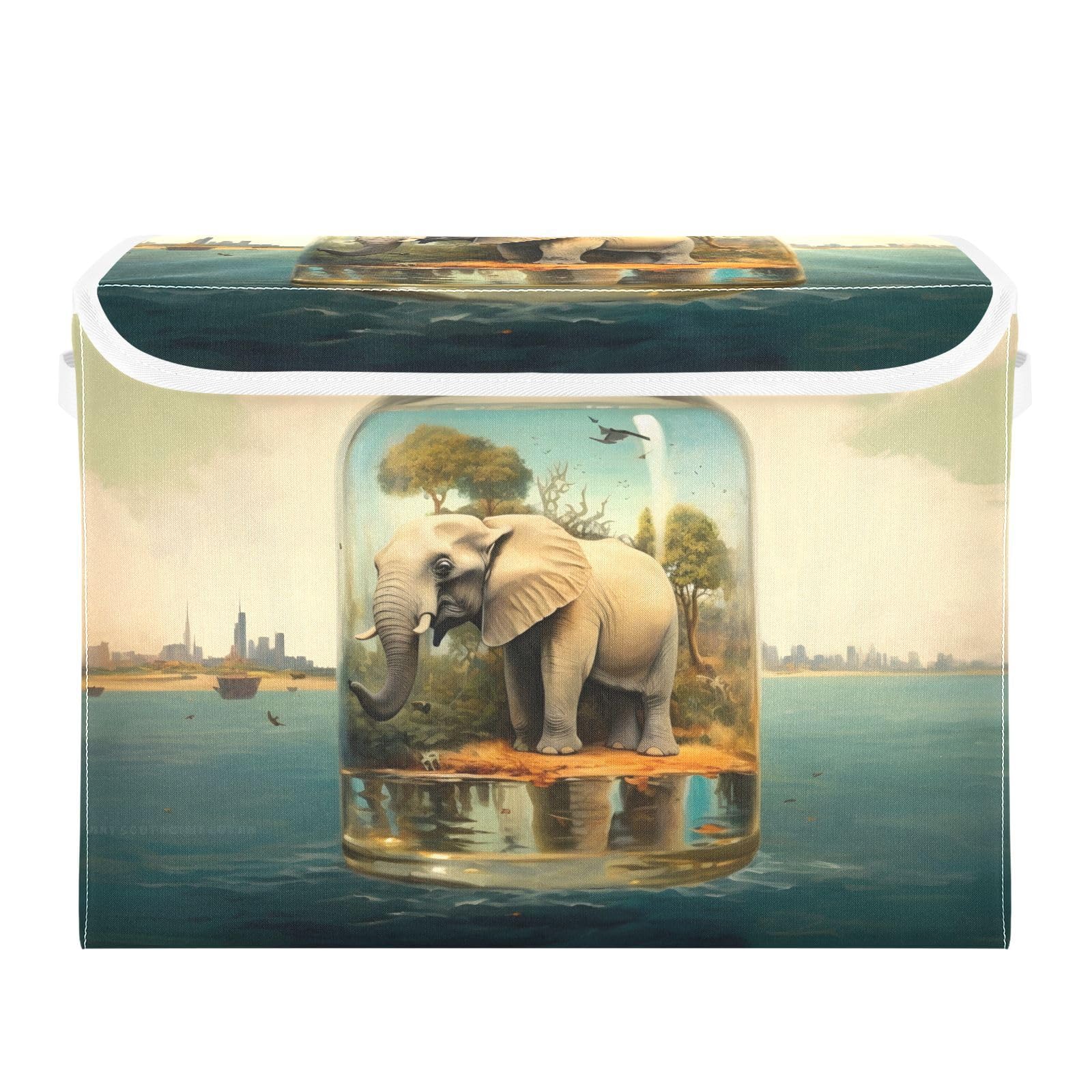 Collapsible Fabric Storage Bins with Handles - 16.5×12.6×11.8 Inch Lidded Storage Cube Basket for Home, Bedroom, Closet & Office Organization | Elephant Design Glass Bottle Pattern | Perfect for Toy Storage, Laundry Sorting & Seasonal Decor
