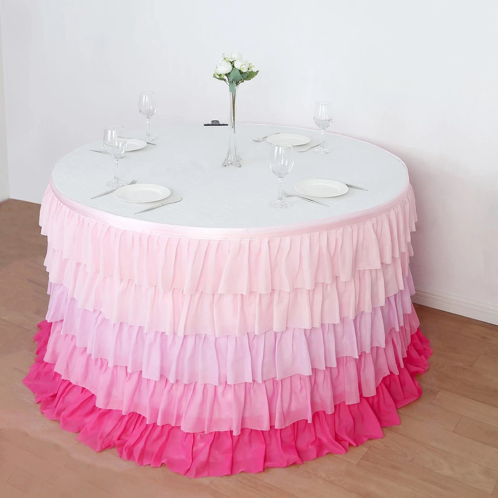 14 ft Chiffon 5 Tier Ruffled Tutu Table Skirt with Satin Backing - Elegant Party Decor for Weddings, Baby Showers & Banquets