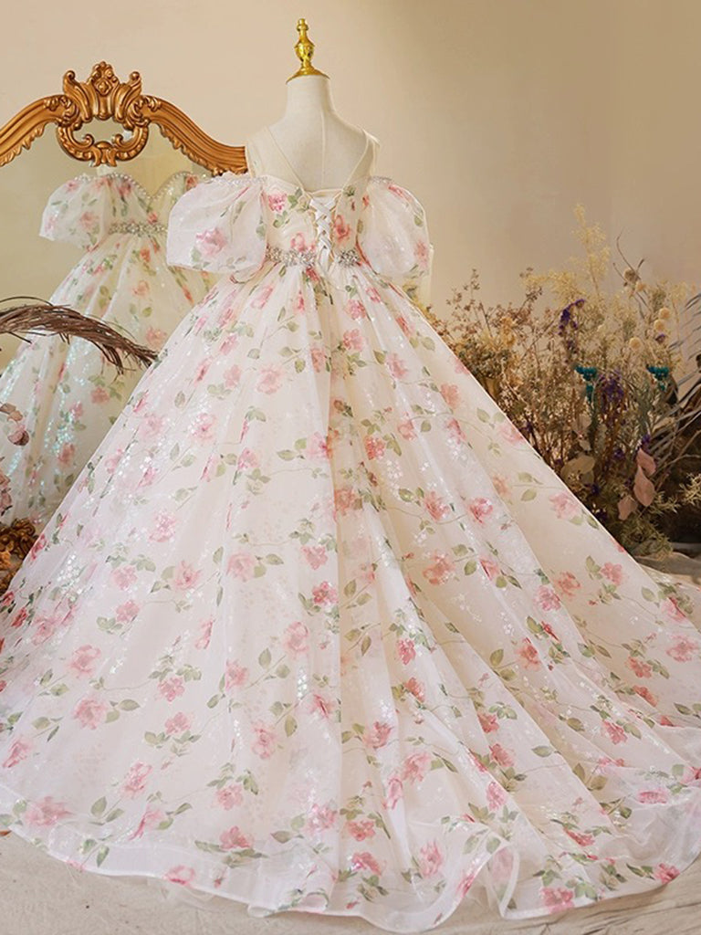 Elegant A-Line Off-Shoulder Tulle Lace Champagne Flower Girl Dress for Weddings & Special Occasions