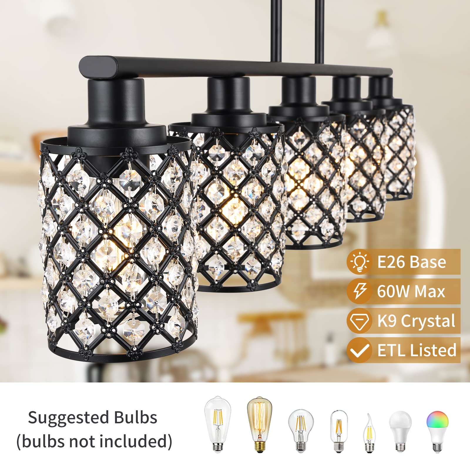 5-Light Black Linear Chandelier with Handmade Crystal Shade - Modern Kitchen Island Lighting & Dining Room Pendant Fixture for Tables | Perfect for Farmhouse, Contemporary Kitchens & Dining Areas