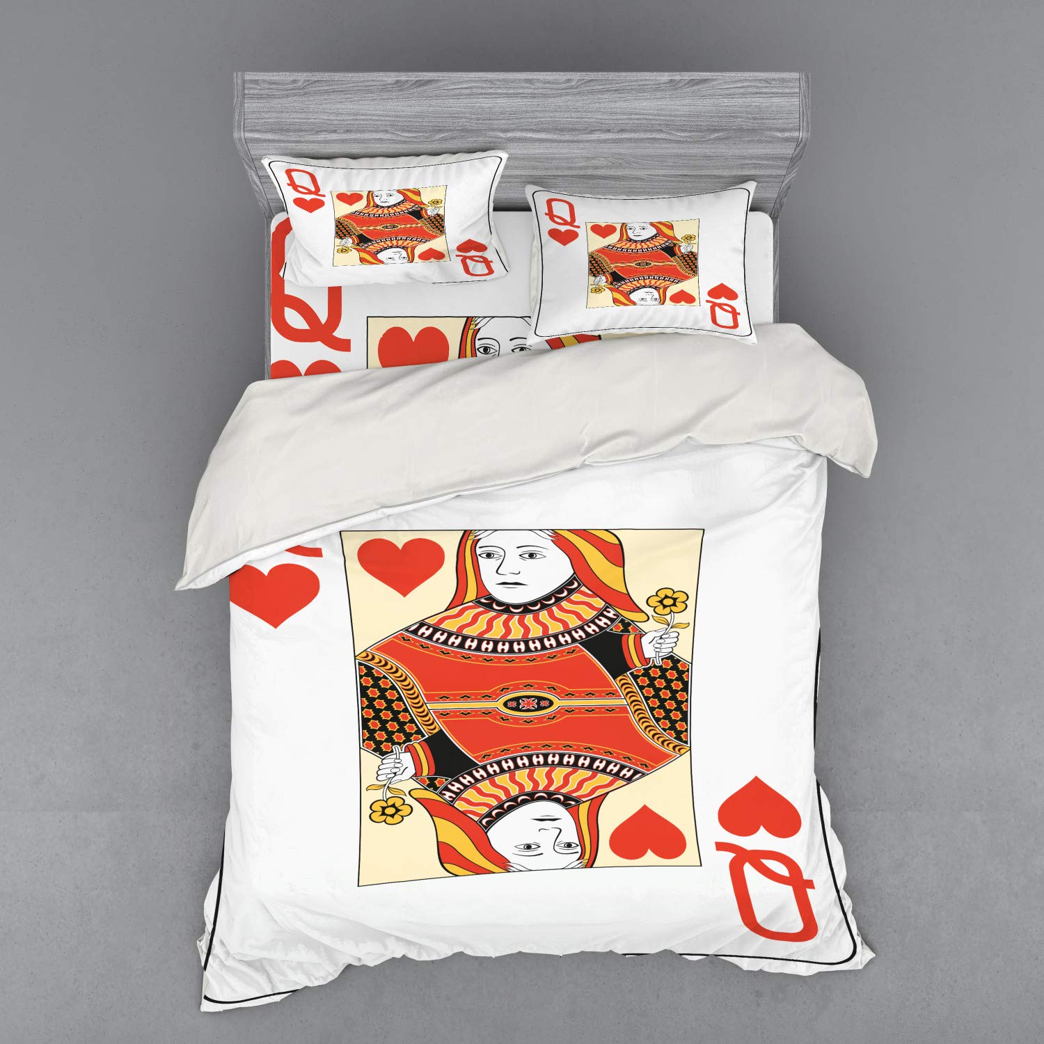 Ambesonne Queen Duvet Cover Set 4-Piece - Queen of Hearts Playing Card Casino Design for Poker & Blackjack Fans - Includes Shams & Fitted Sheet - Queen Size Bedding in Vermilion Yellow White - Perfect for Casino-Themed Bedrooms & Game Room Decor
