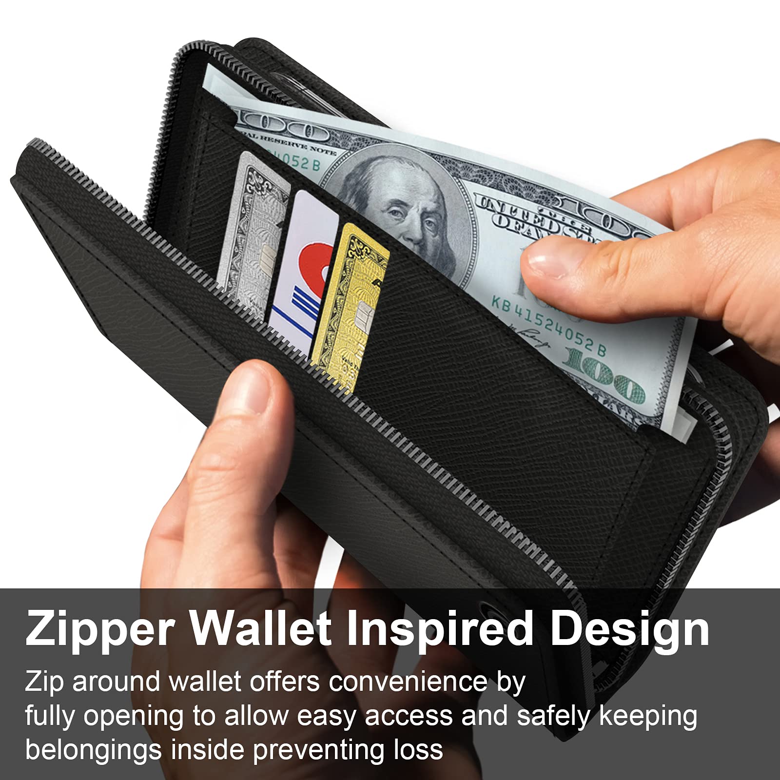 JUST4YOU iPhone Xs Max Wallet Case with Zipper & Strap - Premium PU Leather Flip Cover Folio with Card Holder (Black) - Perfect for Daily Use, Travel & Business