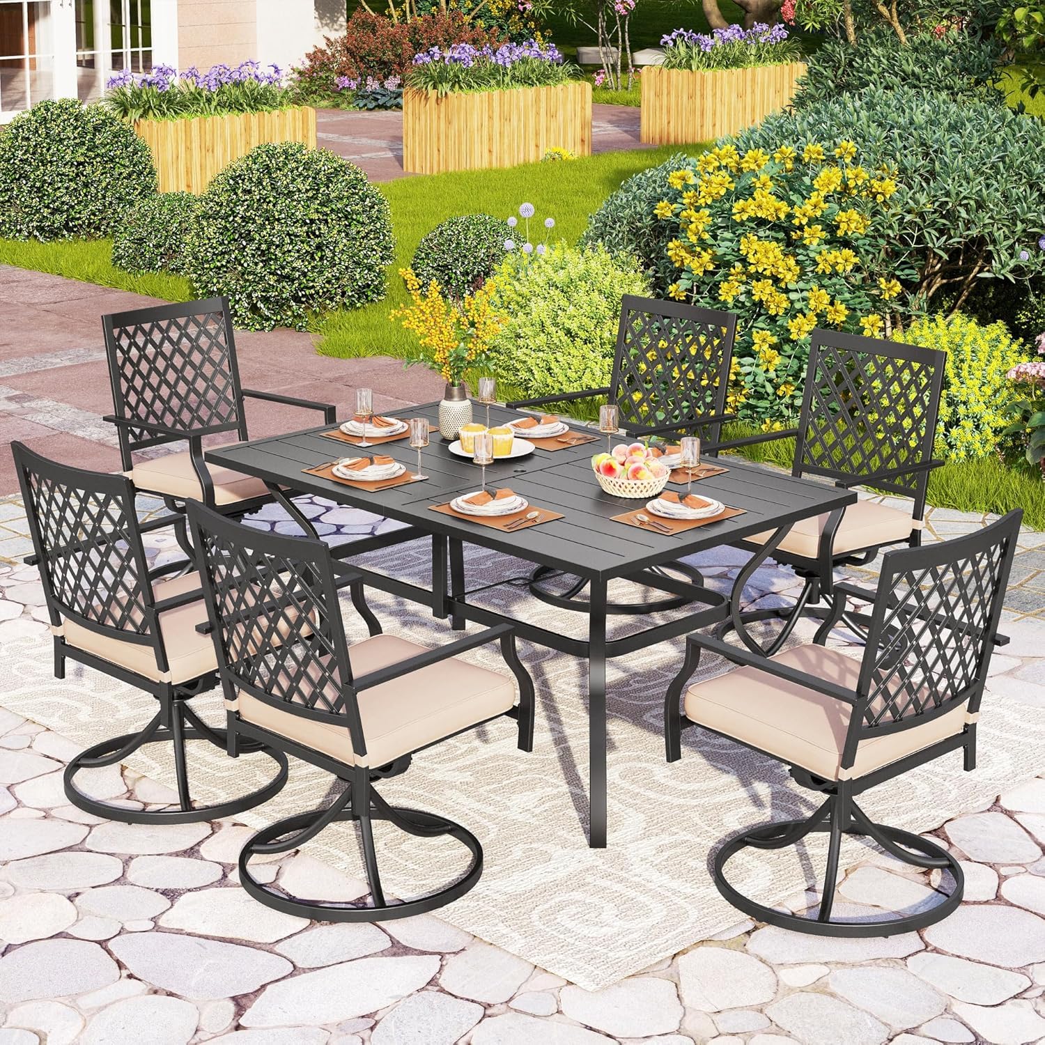 PHI VILLA 2-Piece Outdoor Swivel Dining Chairs Set - Black Metal Patio Furniture with Cushions for Garden, Backyard, Bistro & Poolside Relaxation | Weather-Resistant Small Grid Design